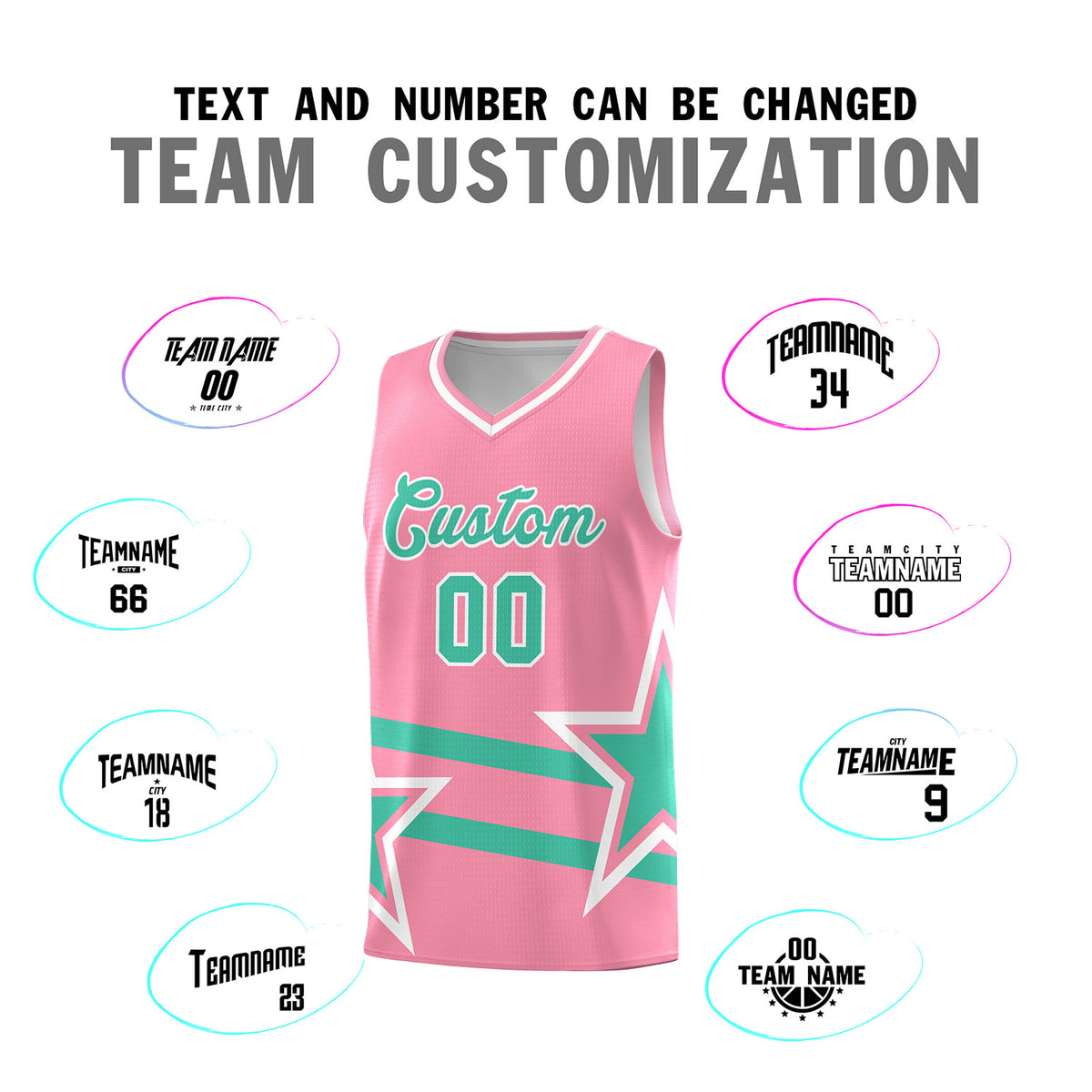 Custom Light Pink Basketball Kits With Bright Green Star Pattern And Double Lines
