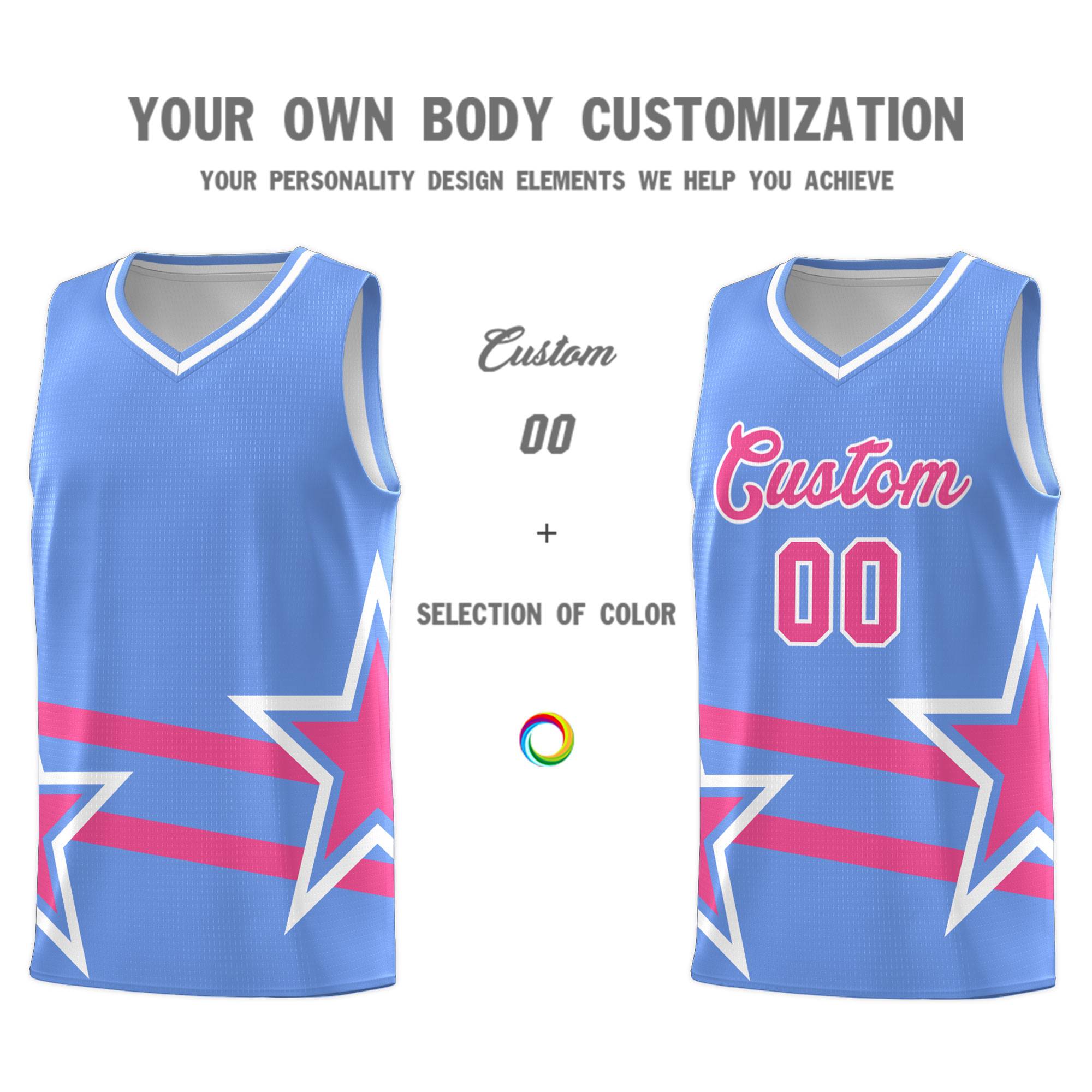 Custom Light Blue Basketball Kits With Pink Star Pattern And Double Lines