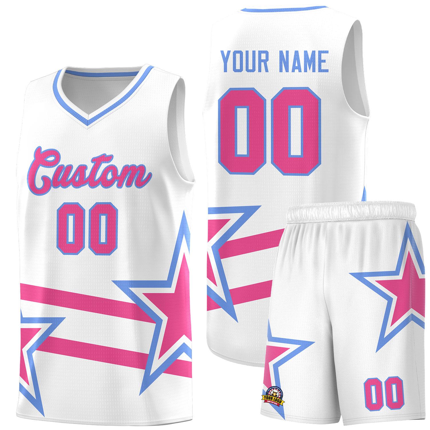 Custom White Basketball Kits With Pink Star Pattern And Double Lines
