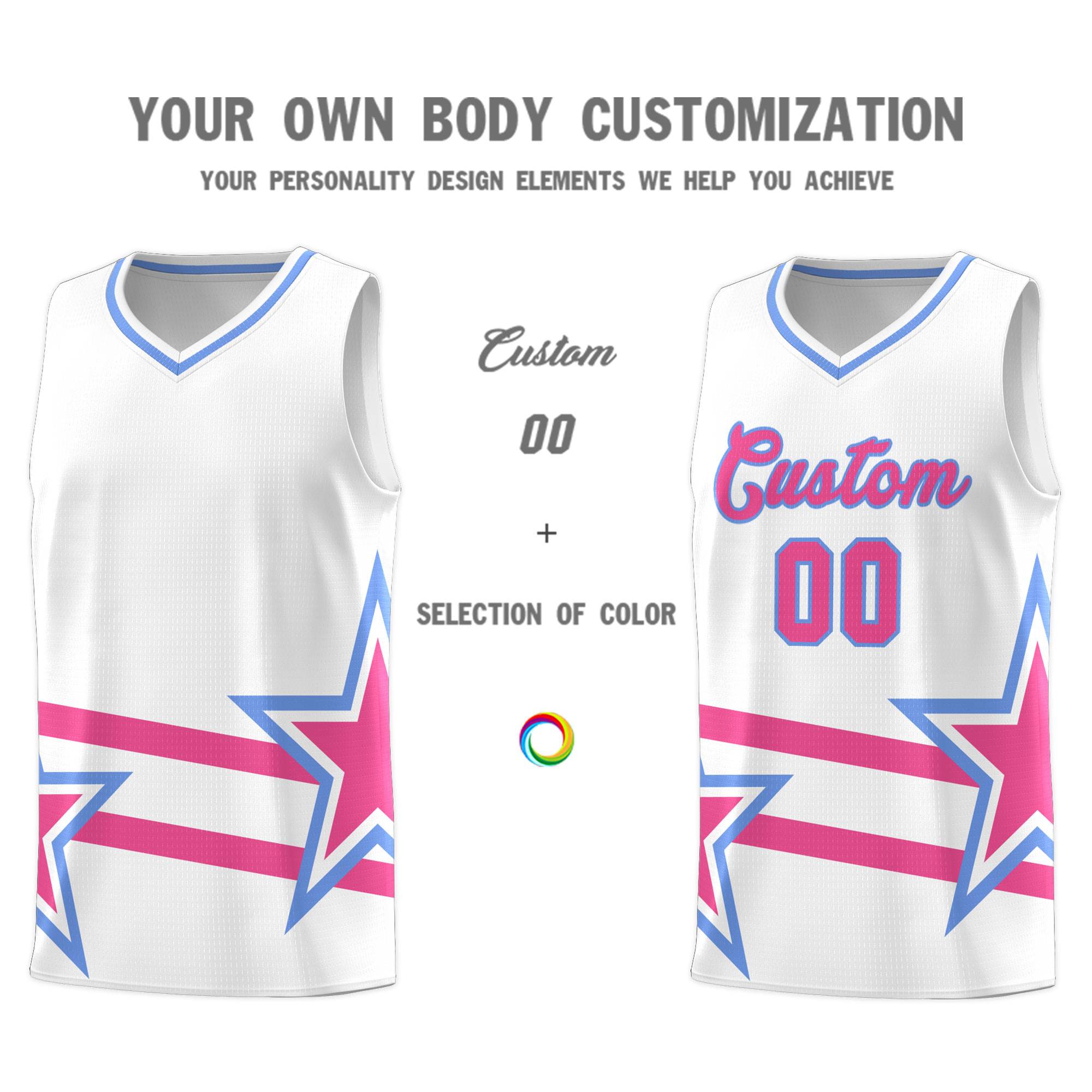 Custom White Basketball Kits With Pink Star Pattern And Double Lines