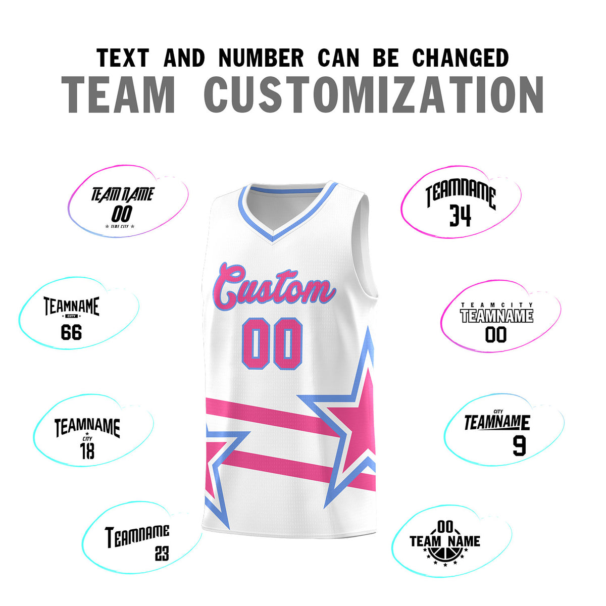Custom White Basketball Kits With Pink Star Pattern And Double Lines