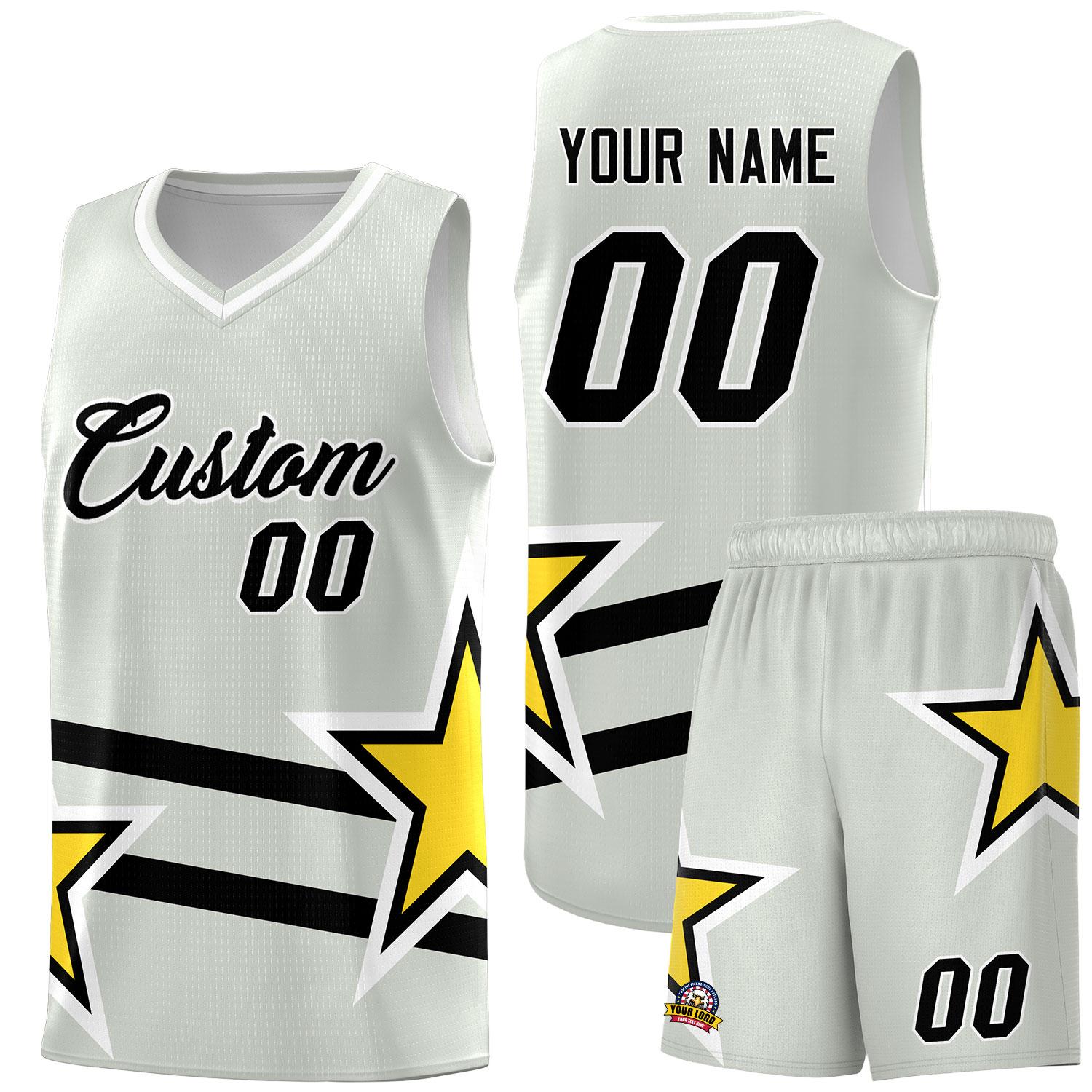 Custom Gray Basketball Kits With Gold Star Pattern And Double Lines