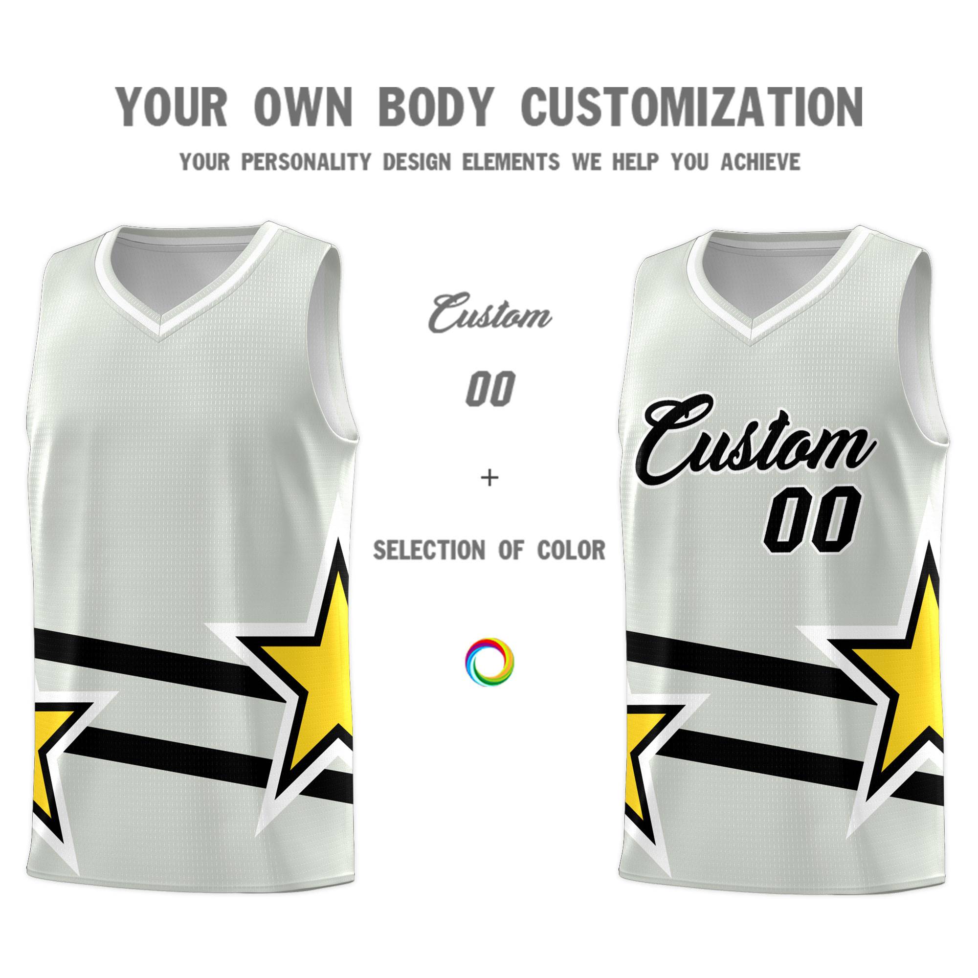 Custom Gray Basketball Kits With Gold Star Pattern And Double Lines