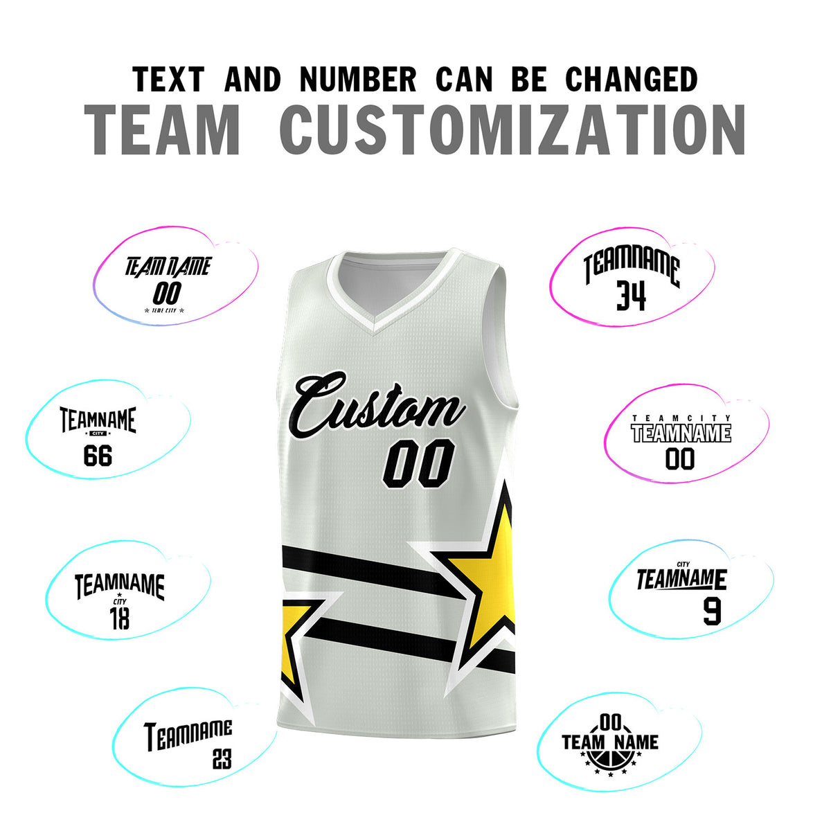 Custom Gray Basketball Kits With Gold Star Pattern And Double Lines
