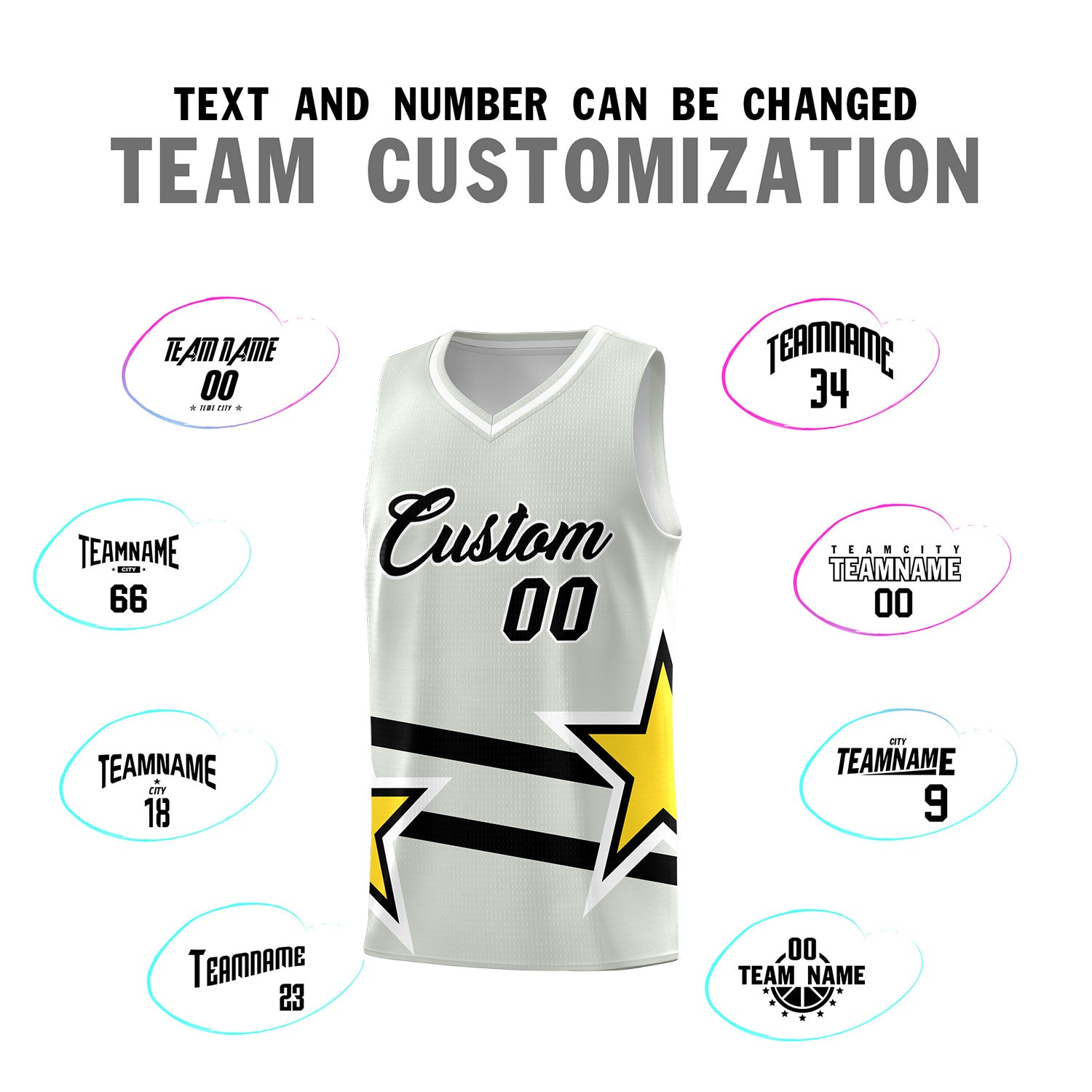 Custom Gray Basketball Kits With Gold Star Pattern And Double Lines