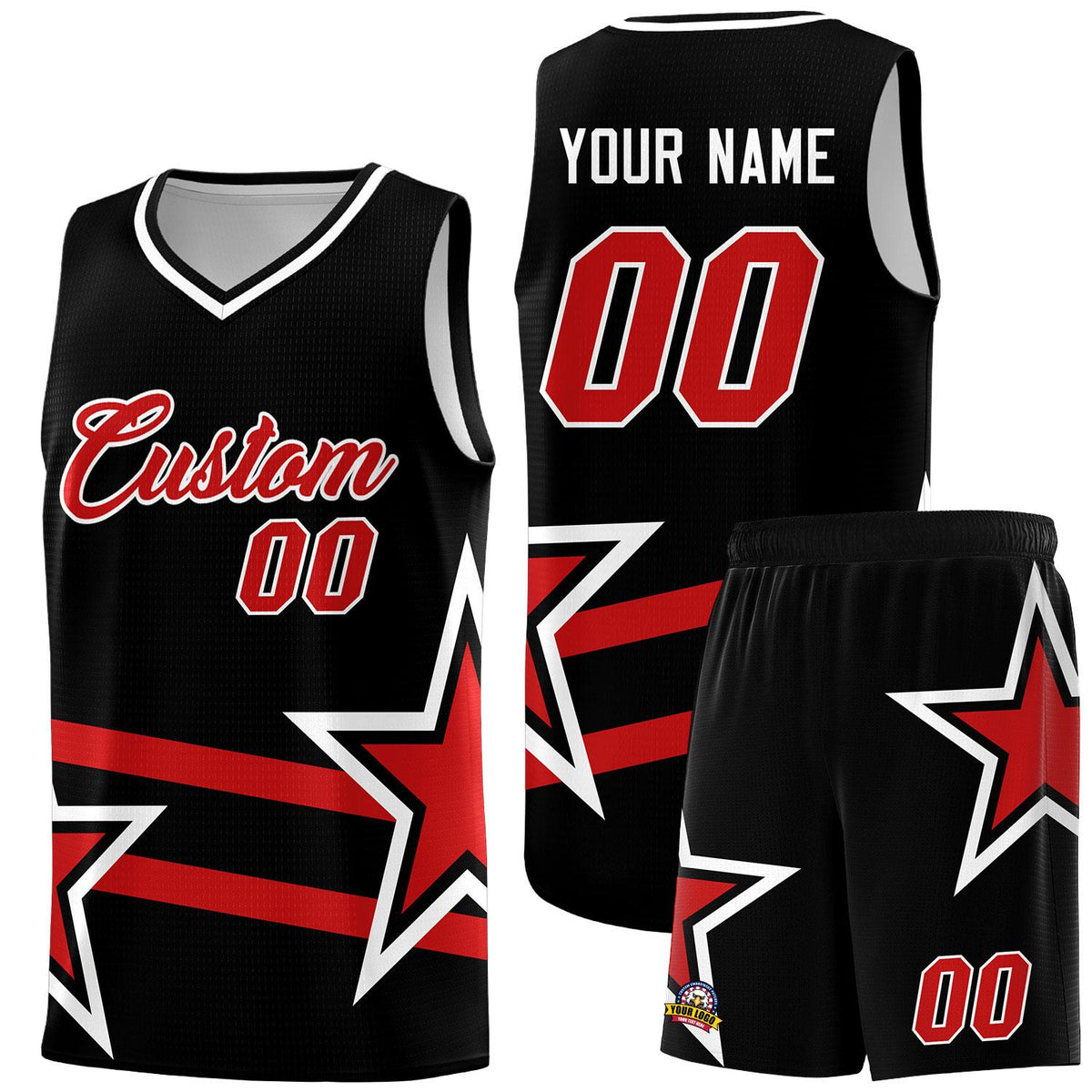 Custom Black Basketball Kits With Red Star Pattern And Double Lines