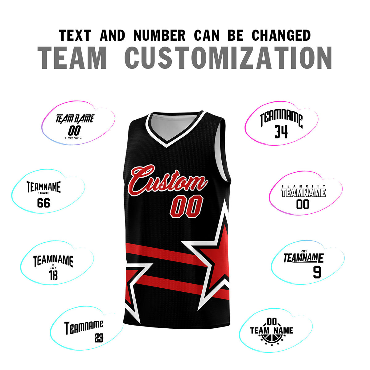 Custom Black Basketball Kits With Red Star Pattern And Double Lines