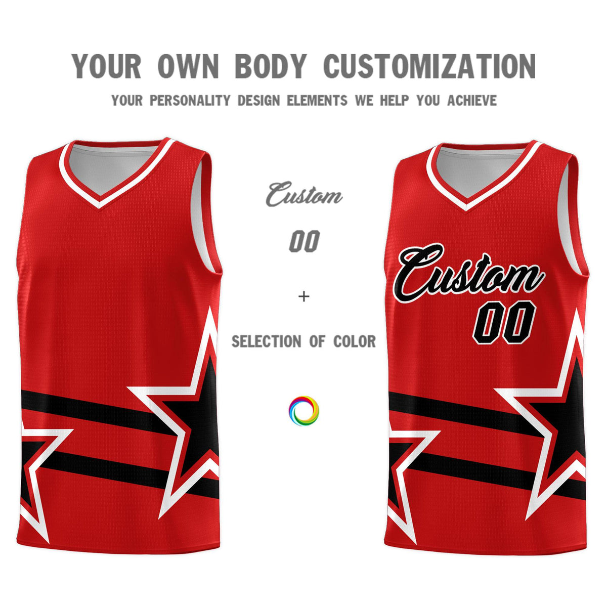Custom Red Basketball Kits With Black Star Pattern And Double Lines