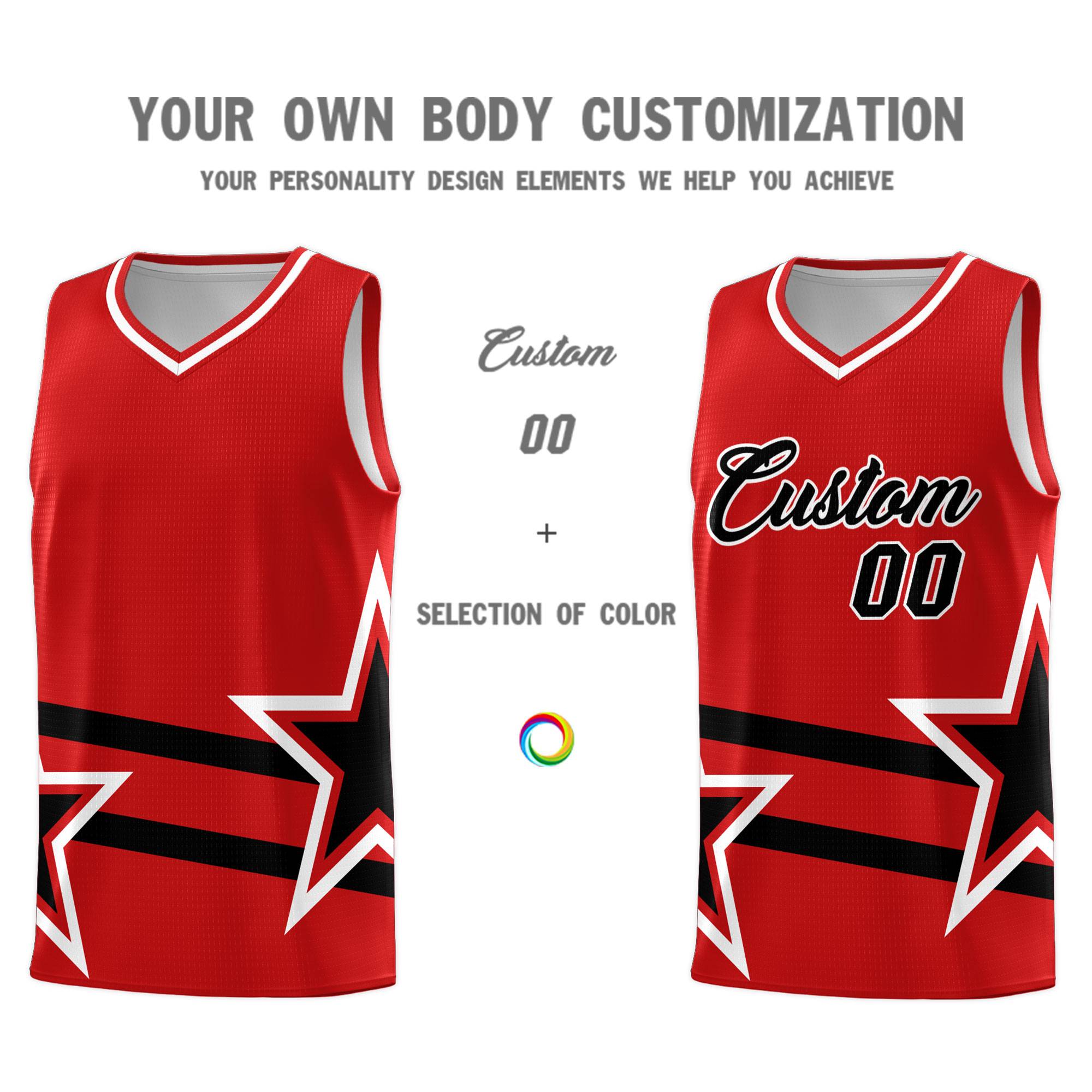 Custom Red Basketball Kits With Black Star Pattern And Double Lines