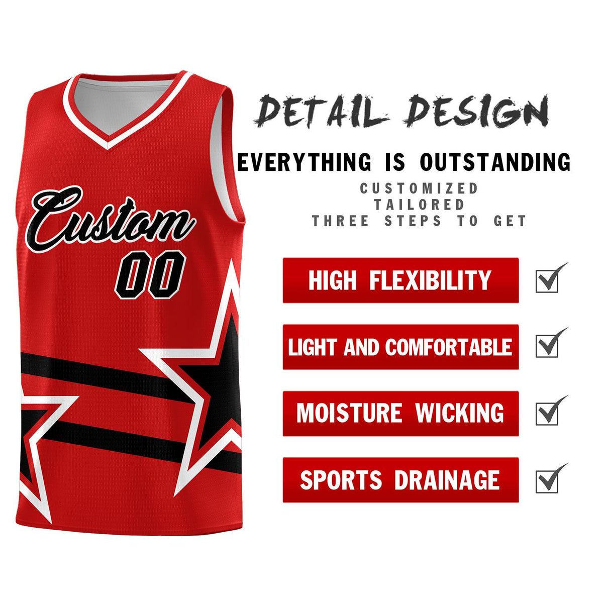 Custom Red Basketball Kits With Black Star Pattern And Double Lines