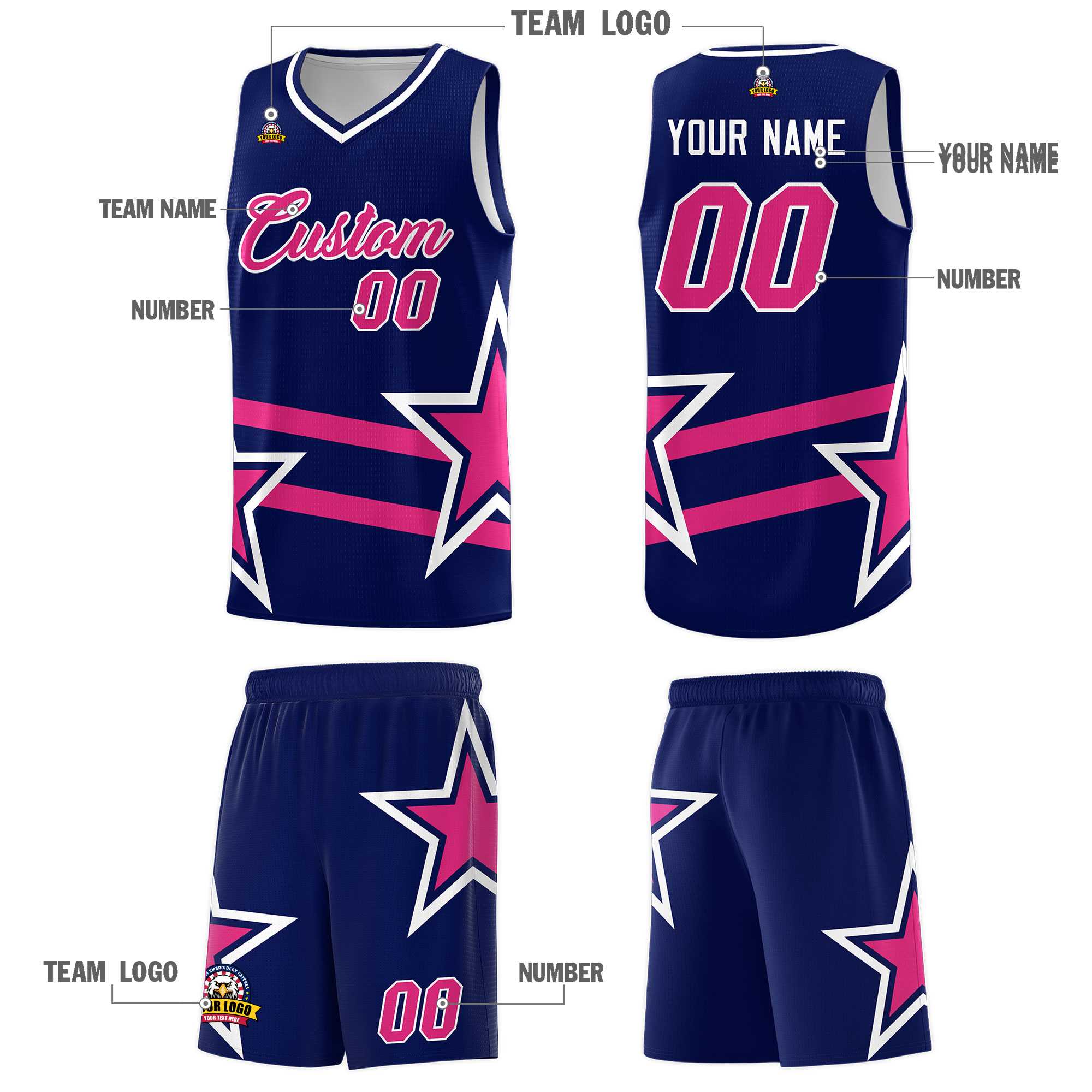 Custom Navy Basketball Kits With Rose Red Star Pattern And Double Lines
