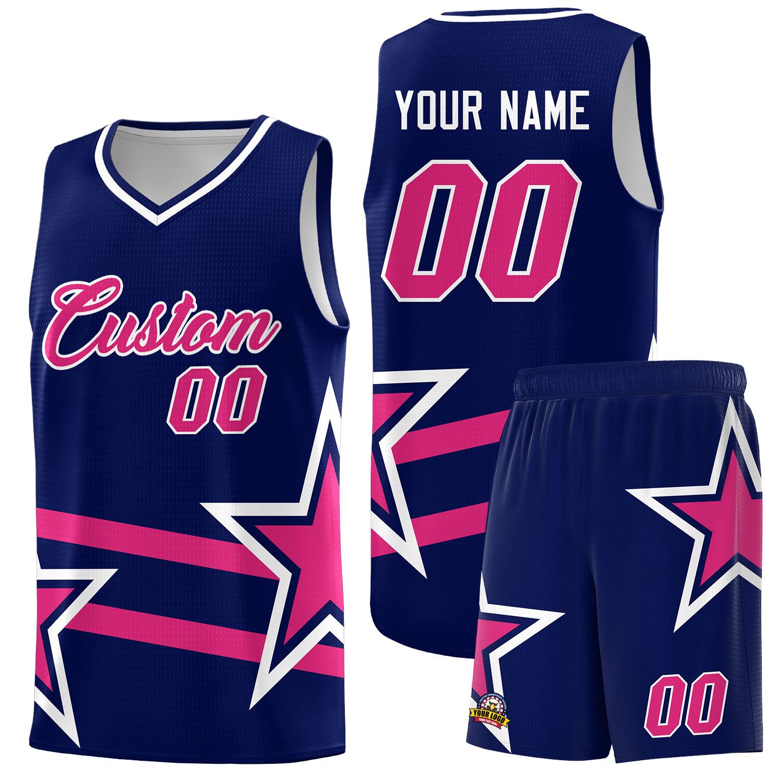 Custom Navy Basketball Kits With Rose Red Star Pattern And Double Lines
