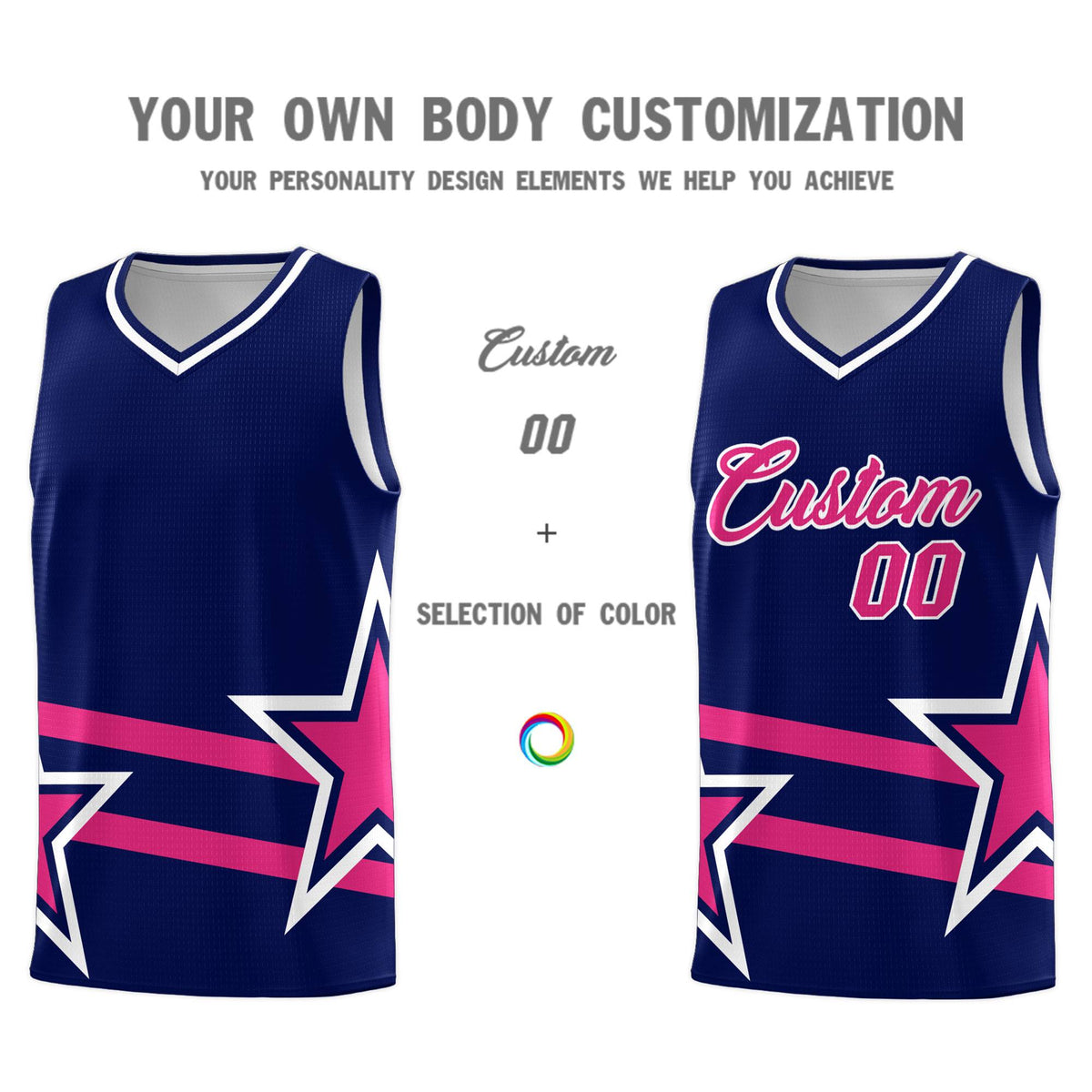 Custom Navy Basketball Kits With Rose Red Star Pattern And Double Lines