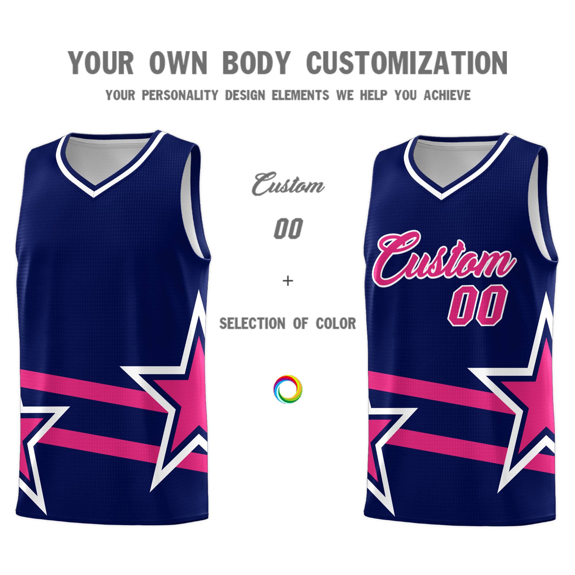 Custom Navy Basketball Kits With Rose Red Star Pattern And Double Lines