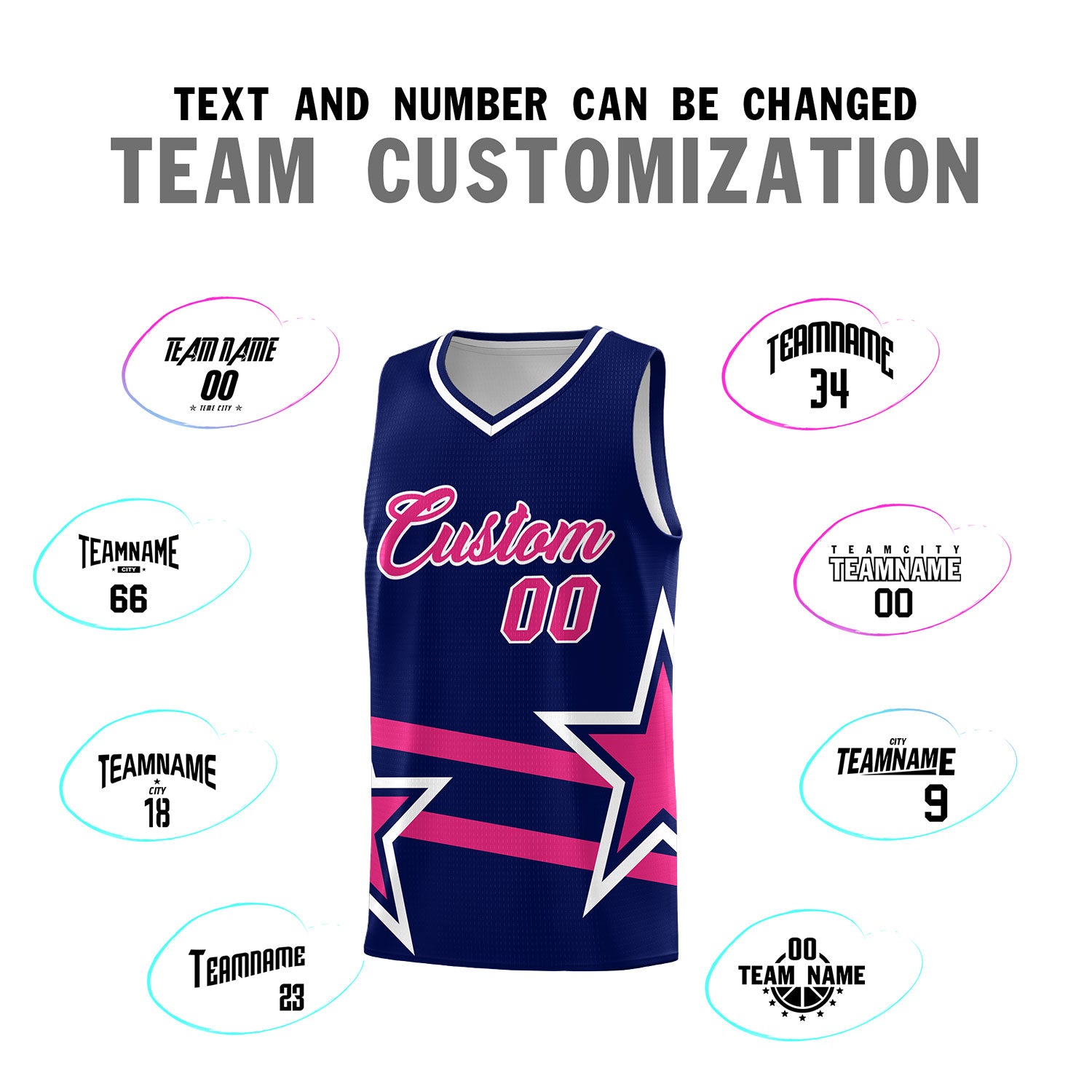 Custom Navy Basketball Kits With Rose Red Star Pattern And Double Lines