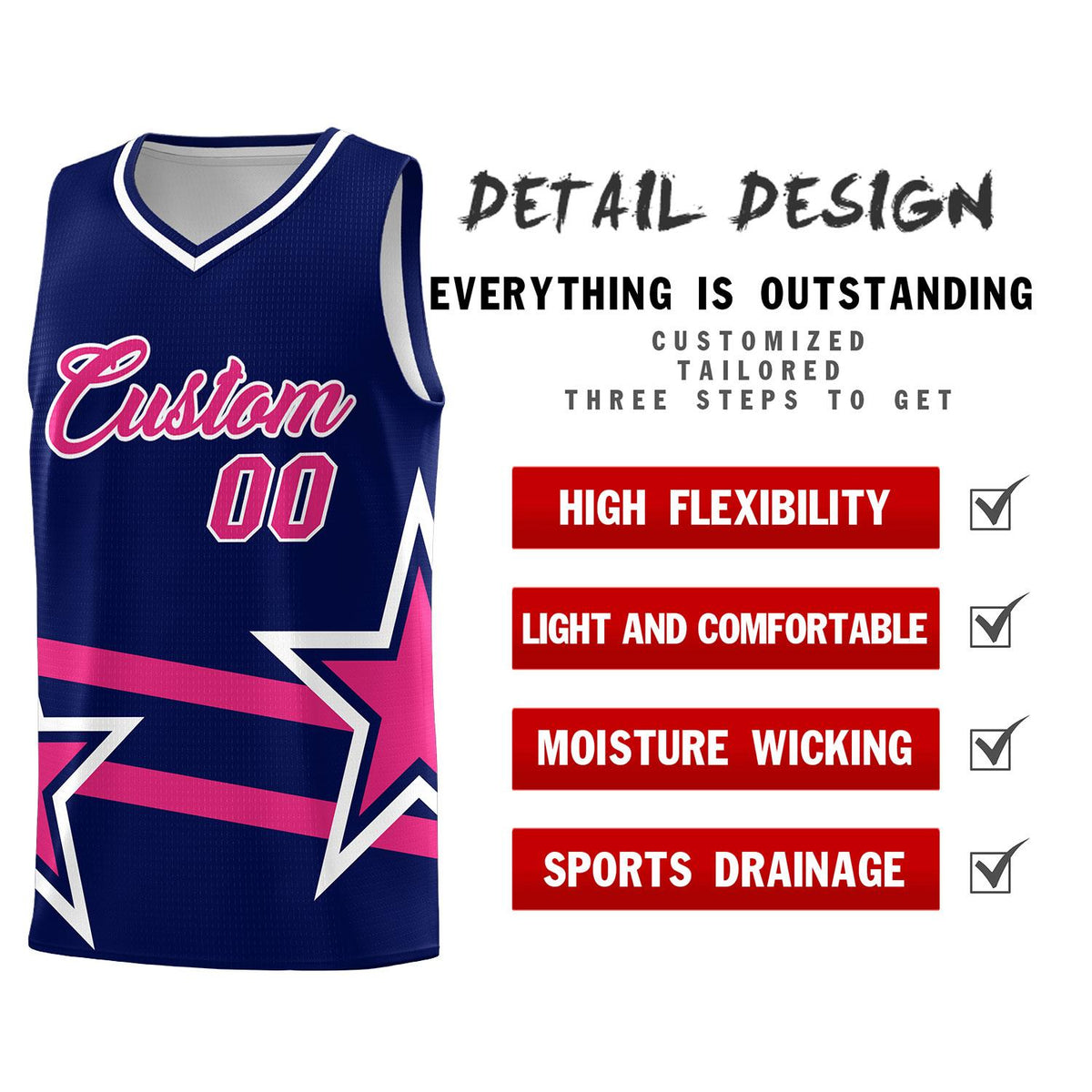 Custom Navy Basketball Kits With Rose Red Star Pattern And Double Lines