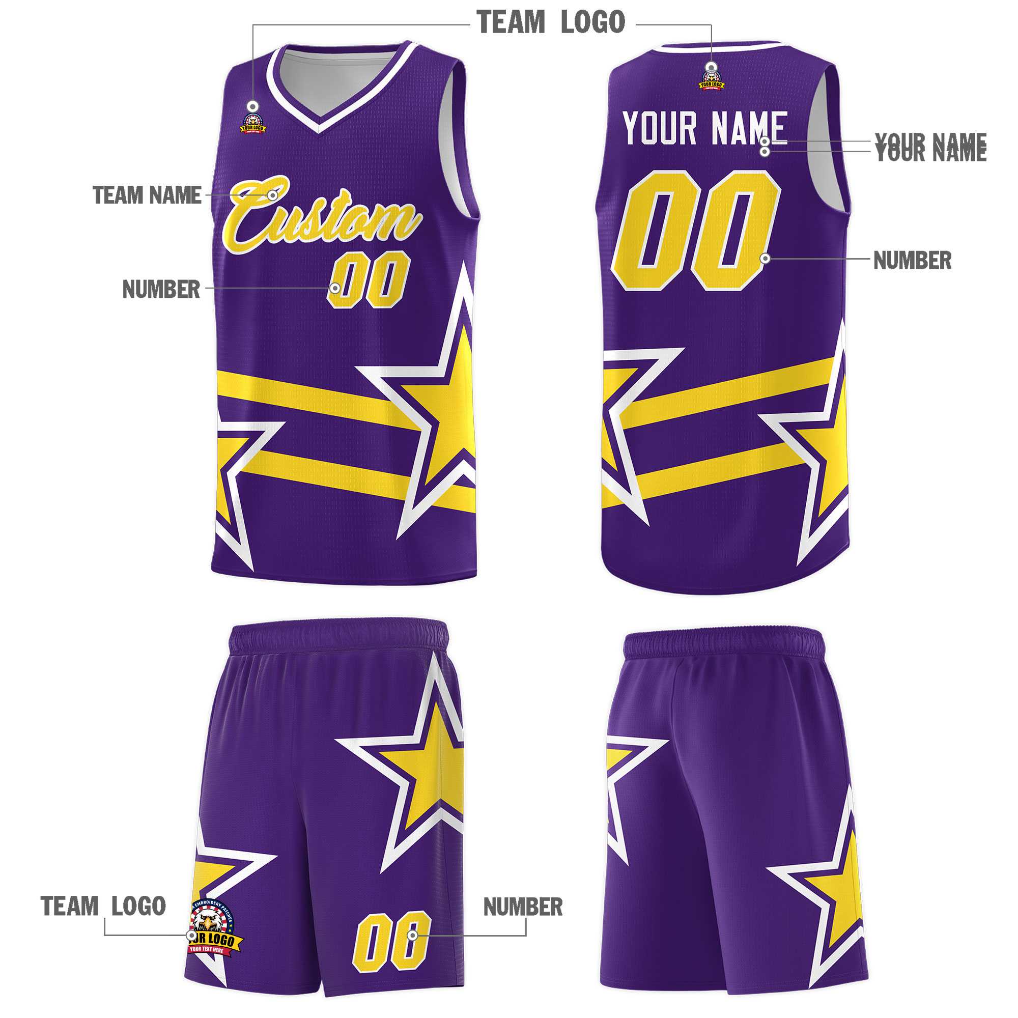 Custom Purple Basketball Kits With Gold Star Pattern And Double Lines