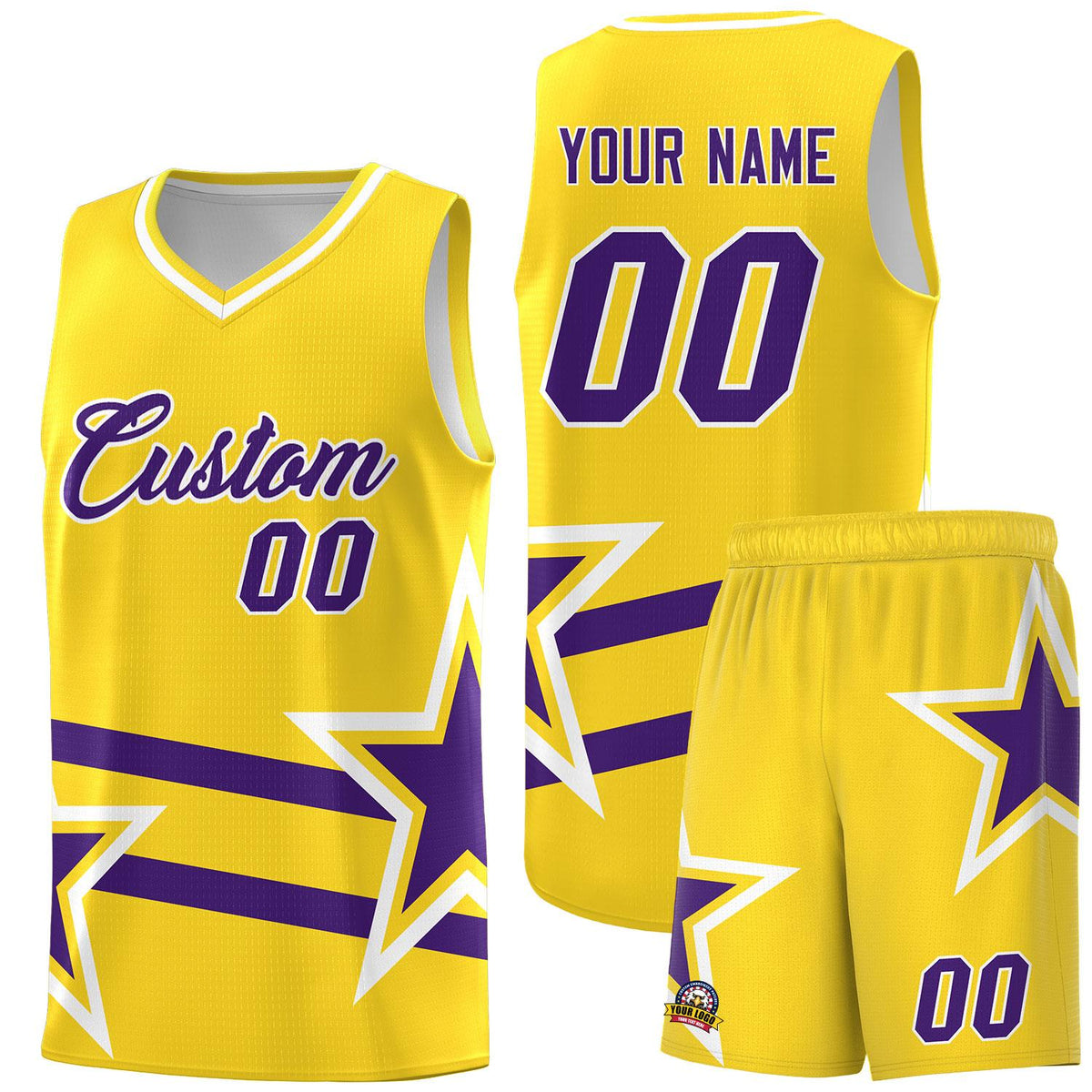 Custom Gold Basketball Kits With Purple Star Pattern And Double Lines