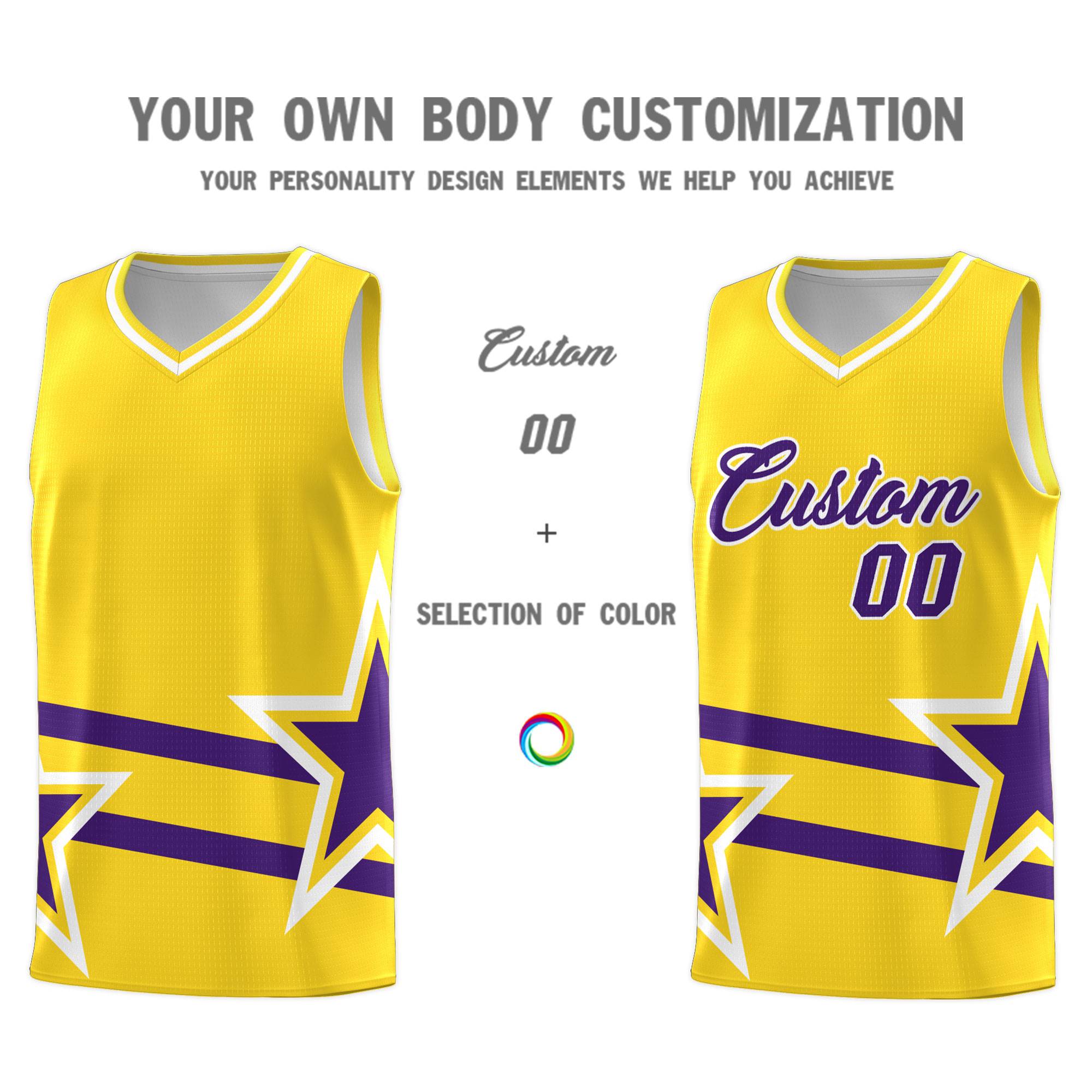 Custom Gold Basketball Kits With Purple Star Pattern And Double Lines
