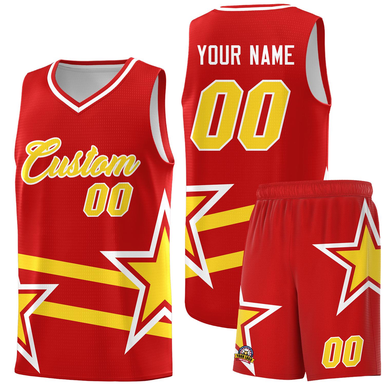 Custom Red Basketball Kits With Gold Star Pattern And Double Lines