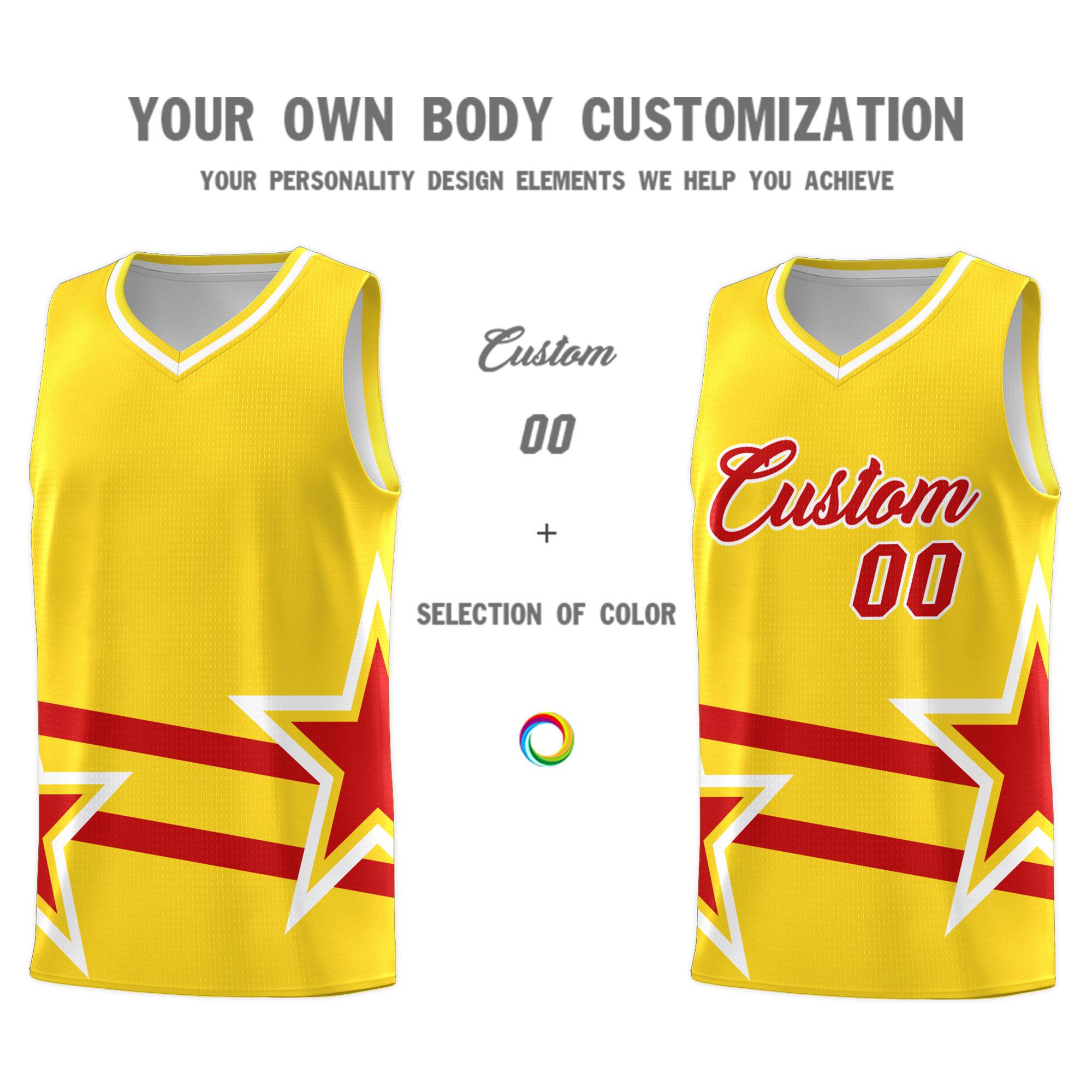 Custom Gold Basketball Kits With Red Star Pattern And Double Lines