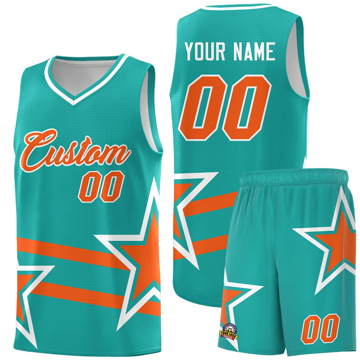 Custom Aqua Basketball Kits With Orange Star Pattern And Double Lines