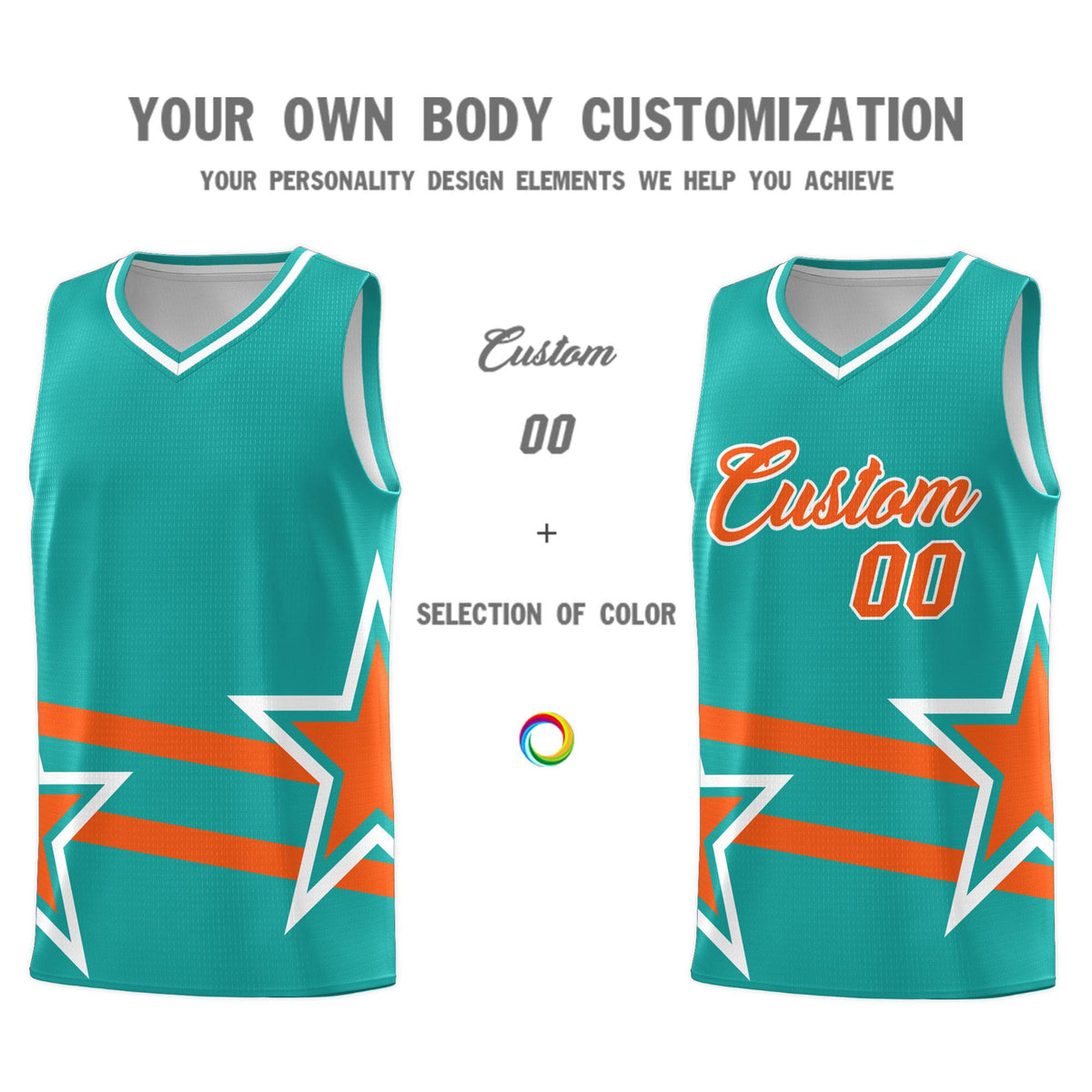 Custom Aqua Basketball Kits With Orange Star Pattern And Double Lines