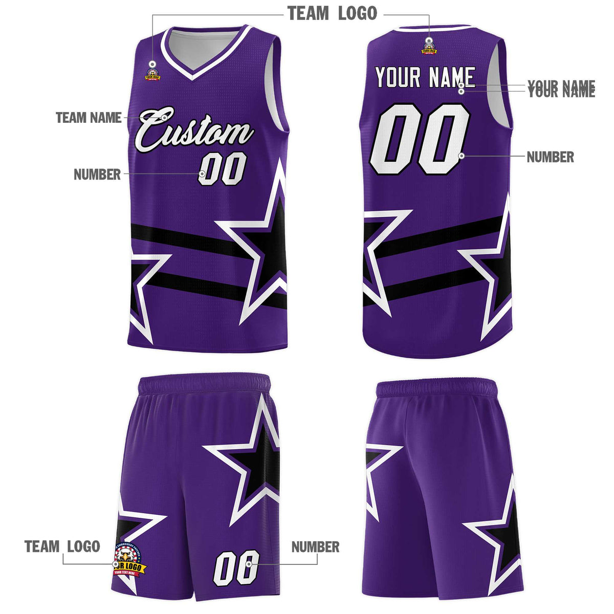 Custom Purple Basketball Kits With Black Star Pattern And Double Lines