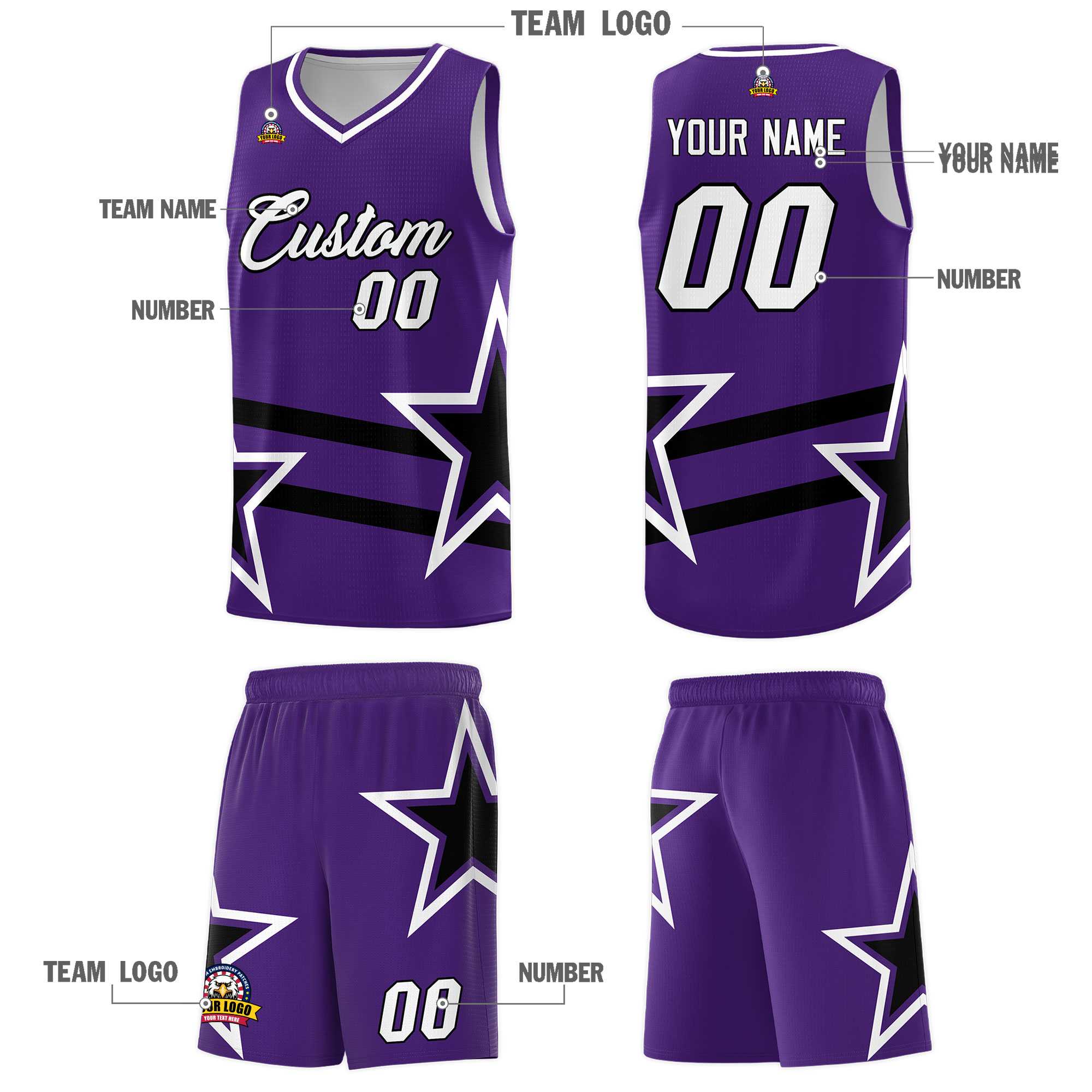 Custom Purple Basketball Kits With Black Star Pattern And Double Lines