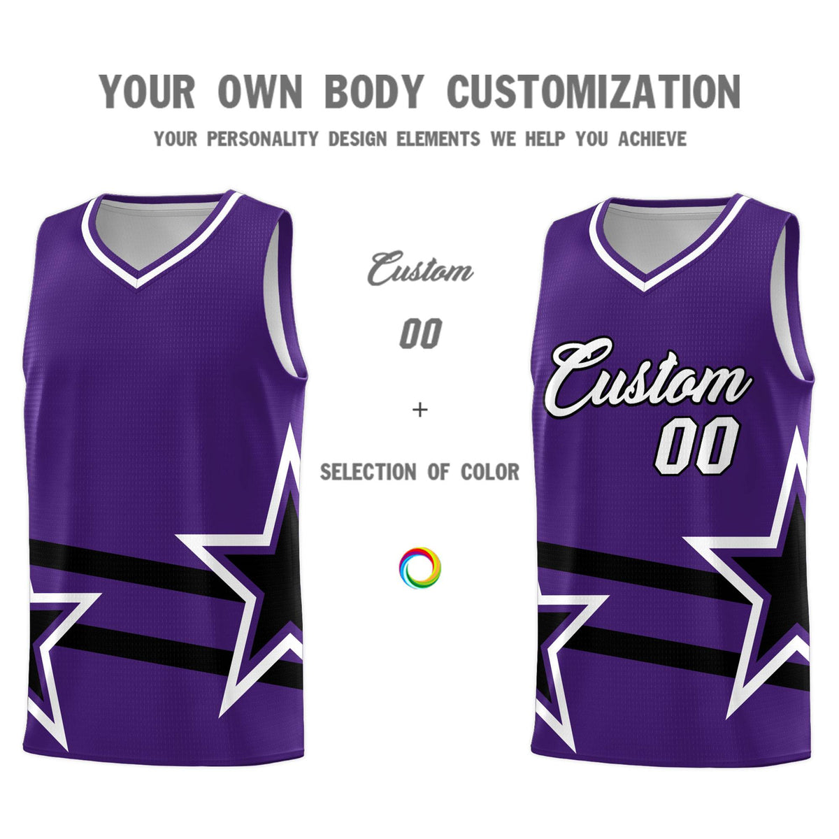 Custom Purple Basketball Kits With Black Star Pattern And Double Lines