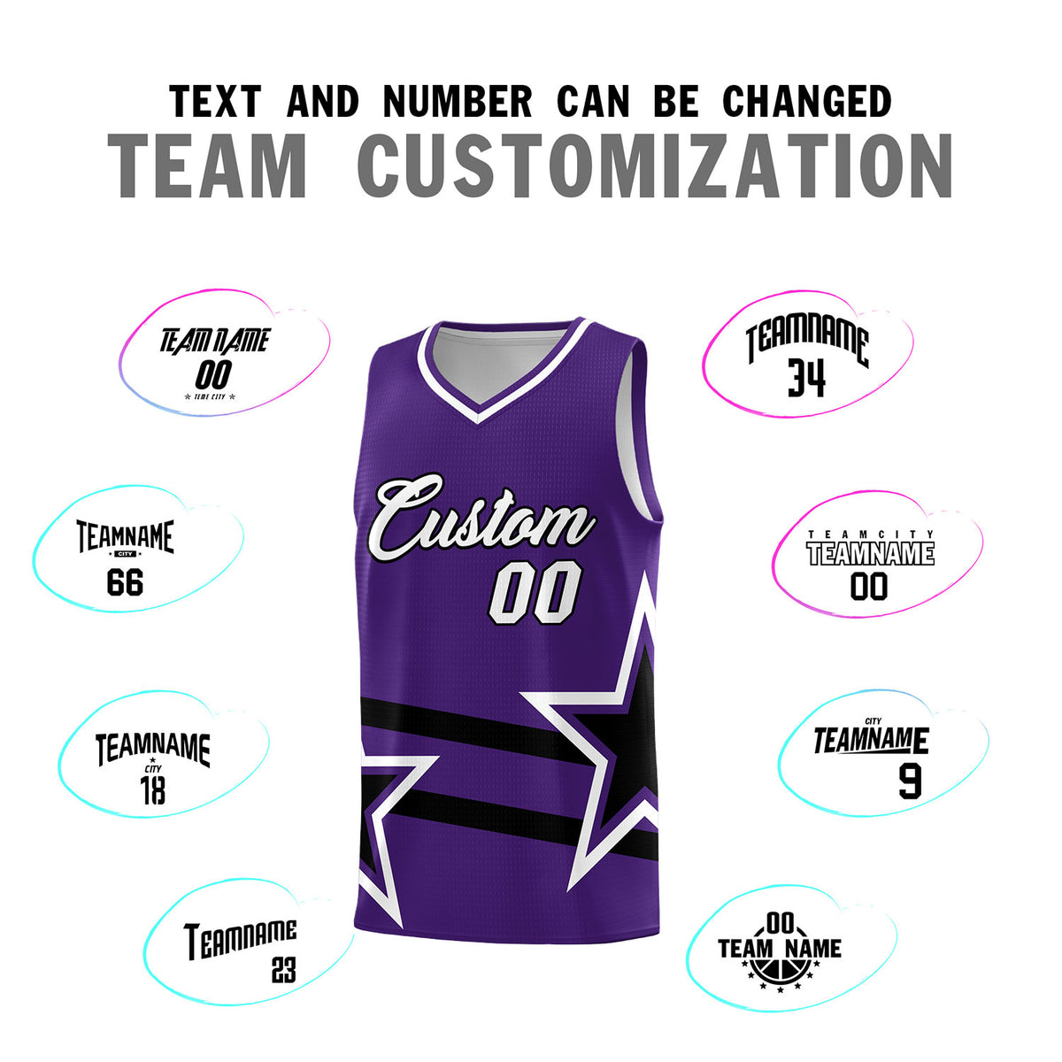 Custom Purple Basketball Kits With Black Star Pattern And Double Lines