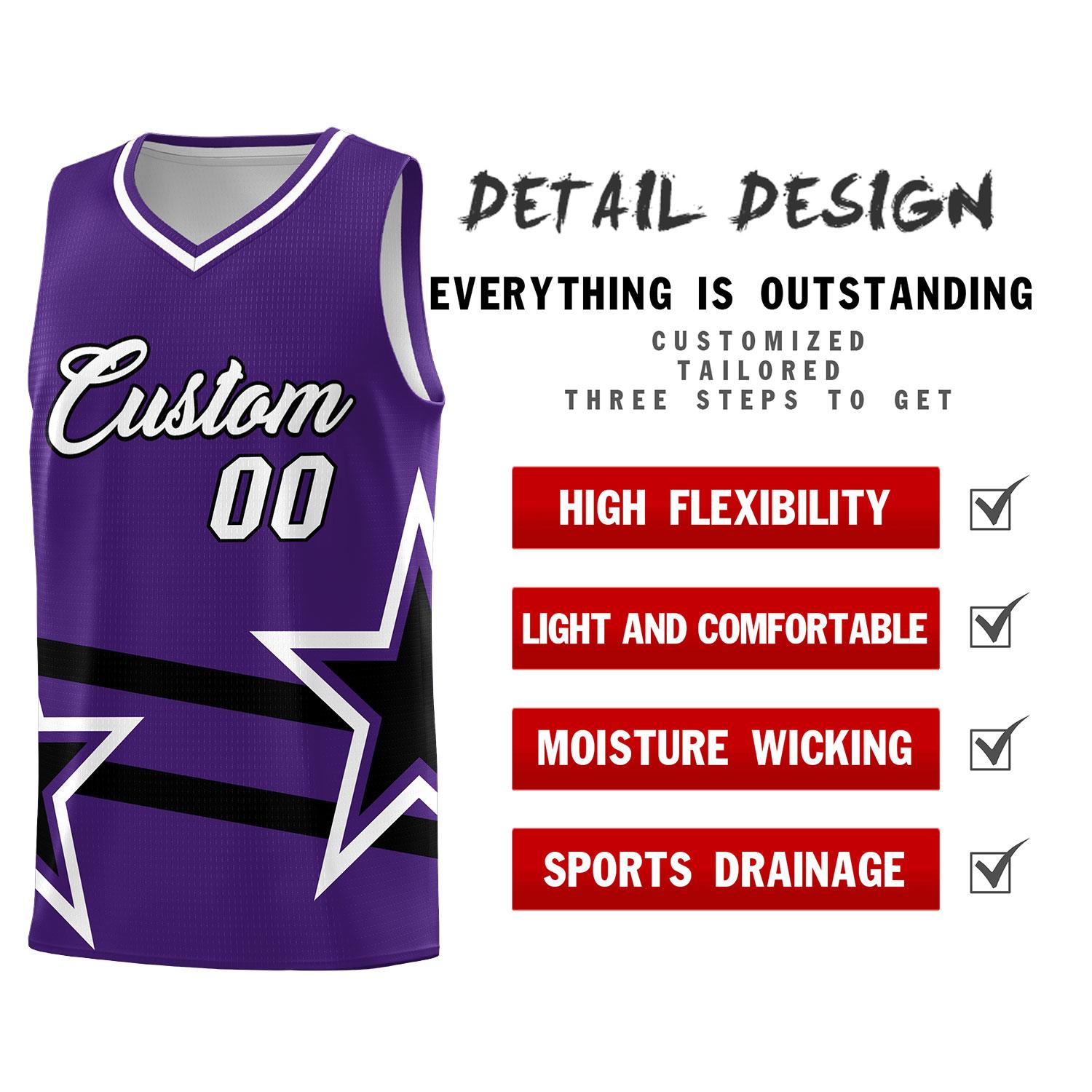 Custom Purple Basketball Kits With Black Star Pattern And Double Lines