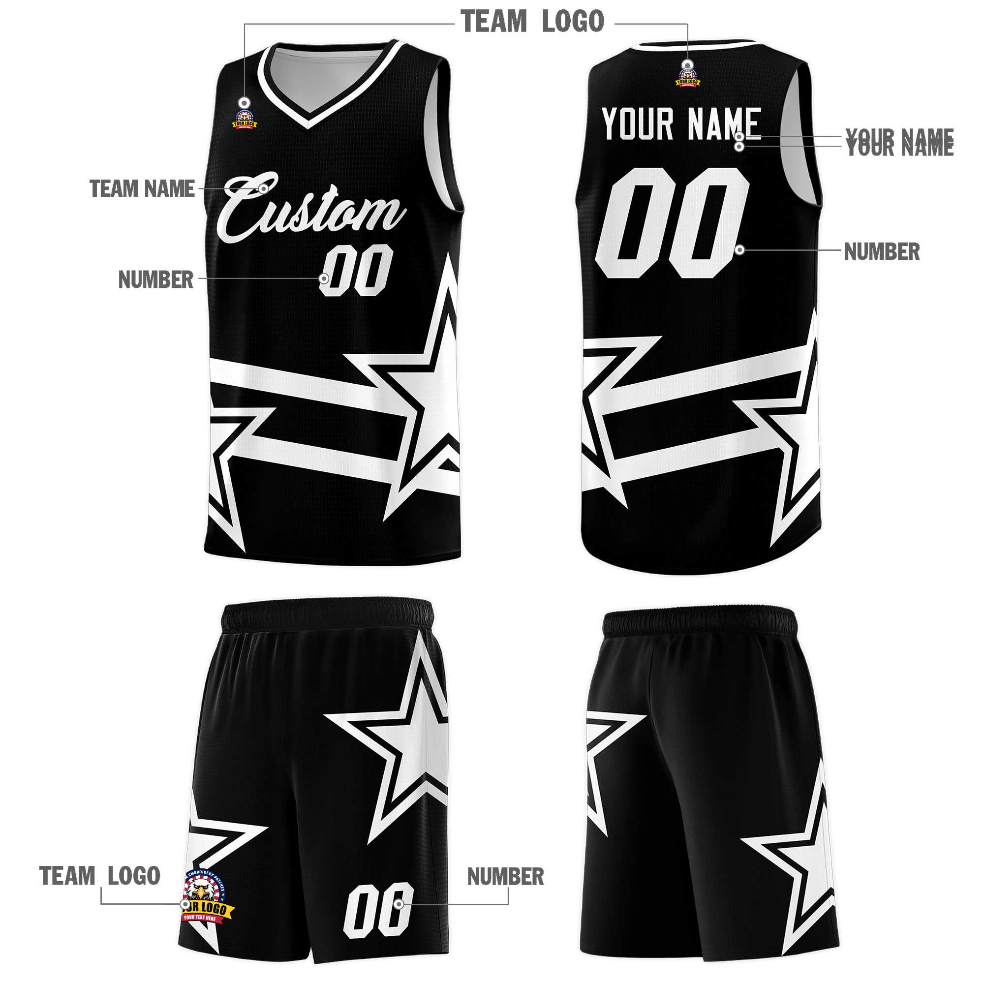 Custom Black Basketball Kits With White Star Pattern And Double Lines