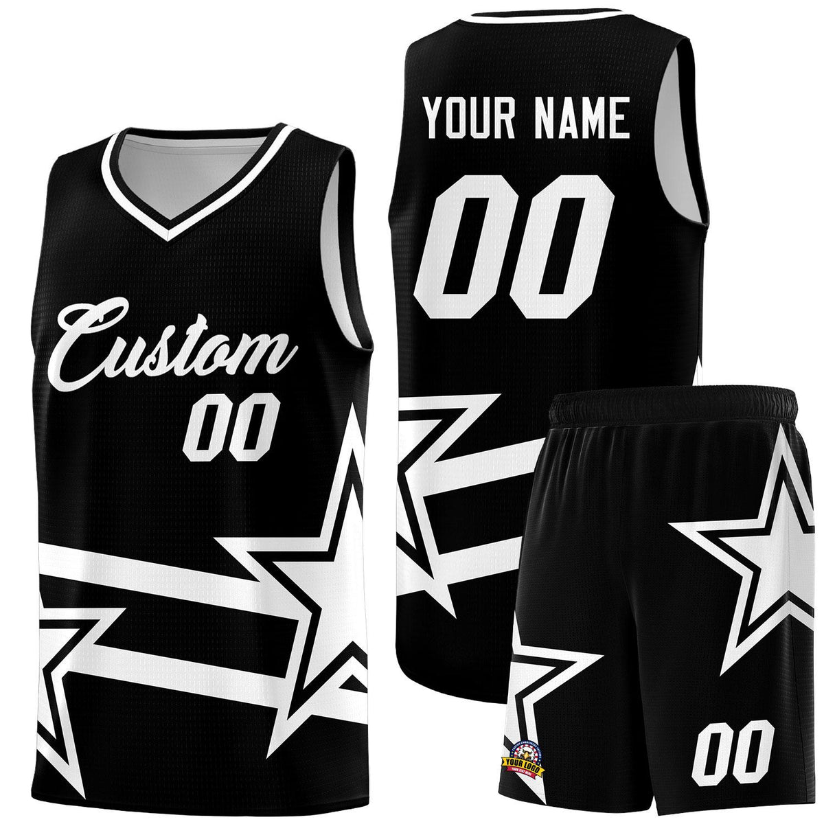 Custom Black Basketball Kits With White Star Pattern And Double Lines