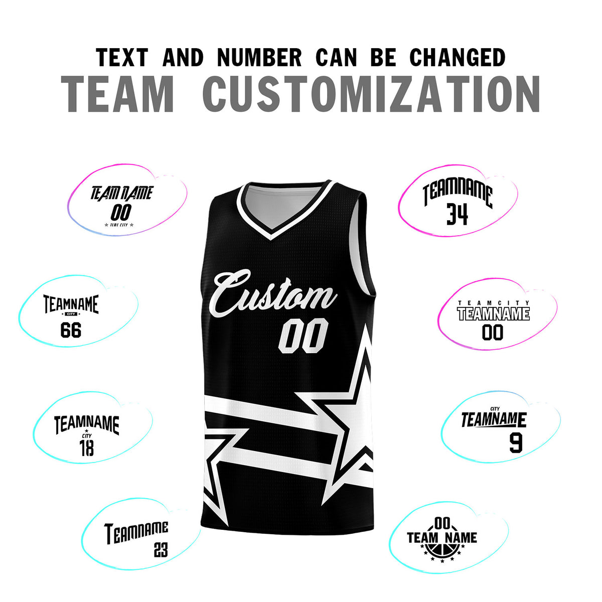 Custom Black Basketball Kits With White Star Pattern And Double Lines
