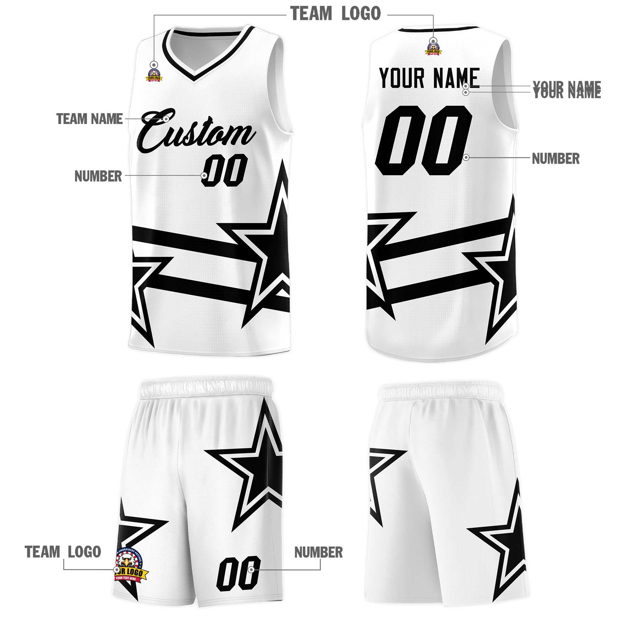 Custom White Basketball Kits With Black Star Pattern And Double Lines