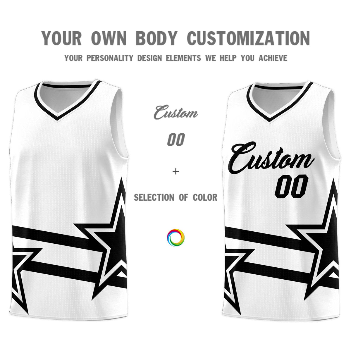 Custom White Basketball Kits With Black Star Pattern And Double Lines