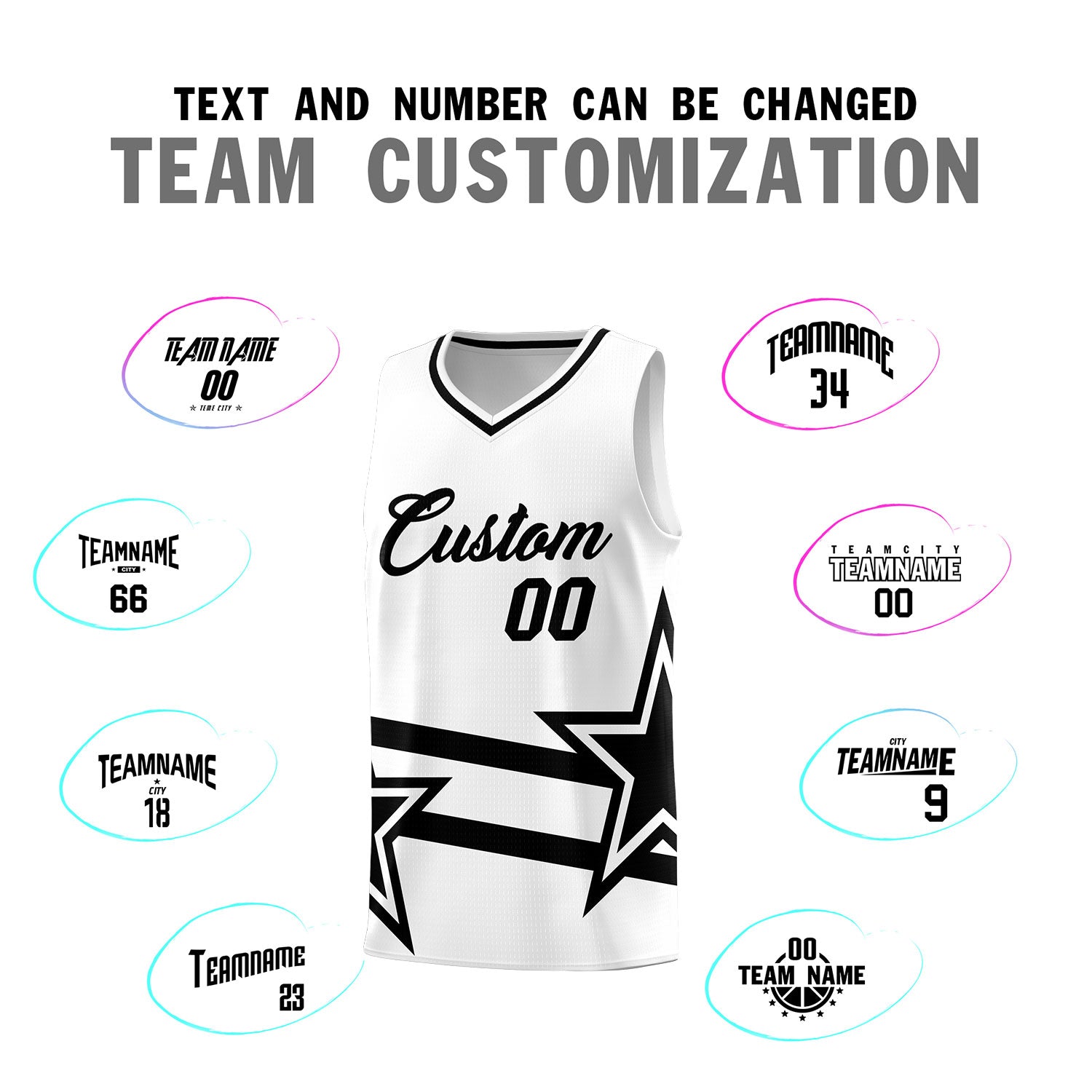 Custom White Basketball Kits With Black Star Pattern And Double Lines