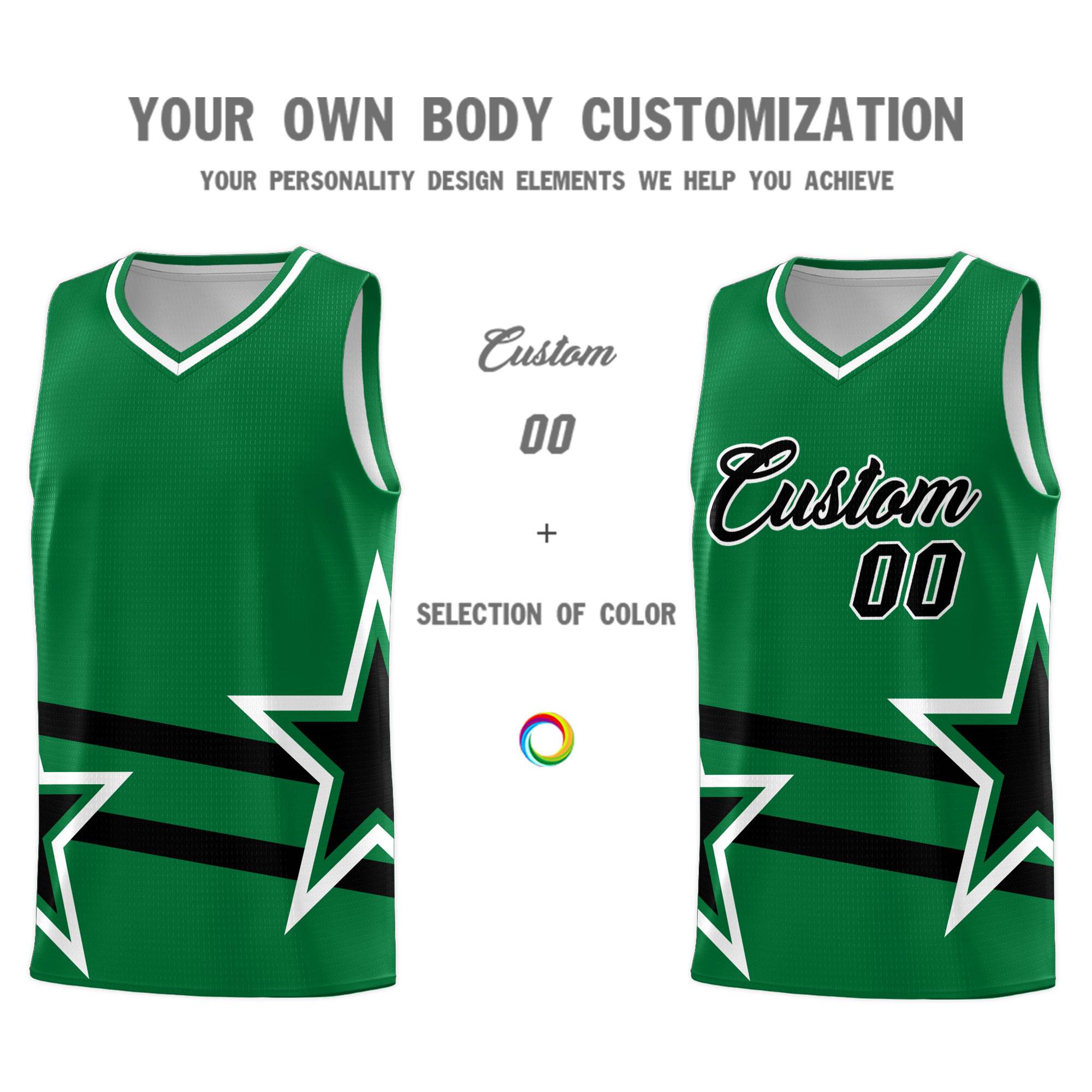 Custom Kelly Green Basketball Kits With Black Star Pattern And Double Lines