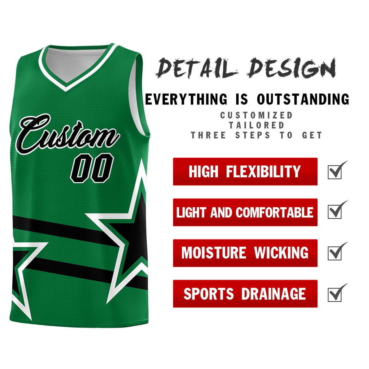 Custom Kelly Green Basketball Kits With Black Star Pattern And Double Lines