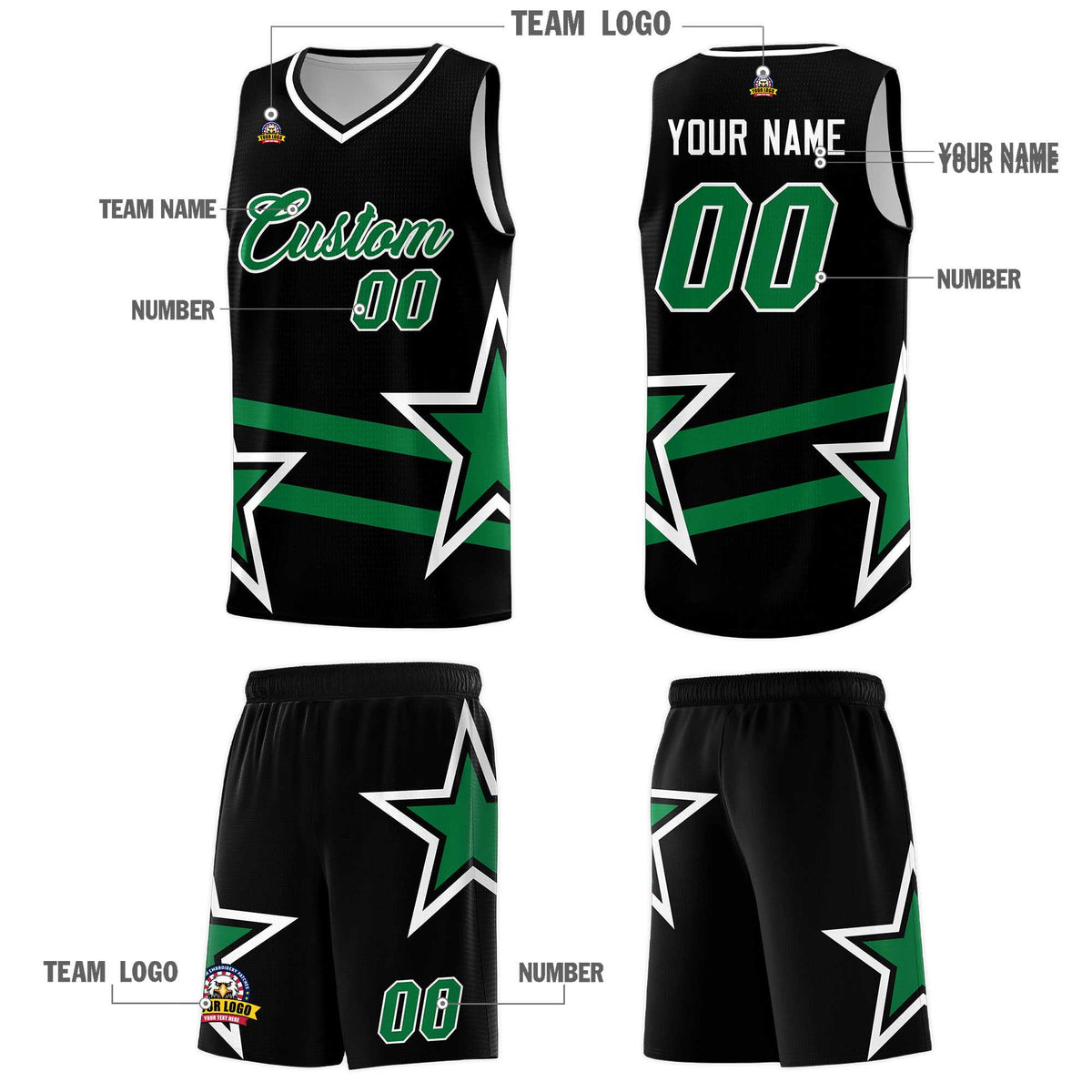 Custom Black Basketball Kits With Kelly Green Star Pattern And Double Lines