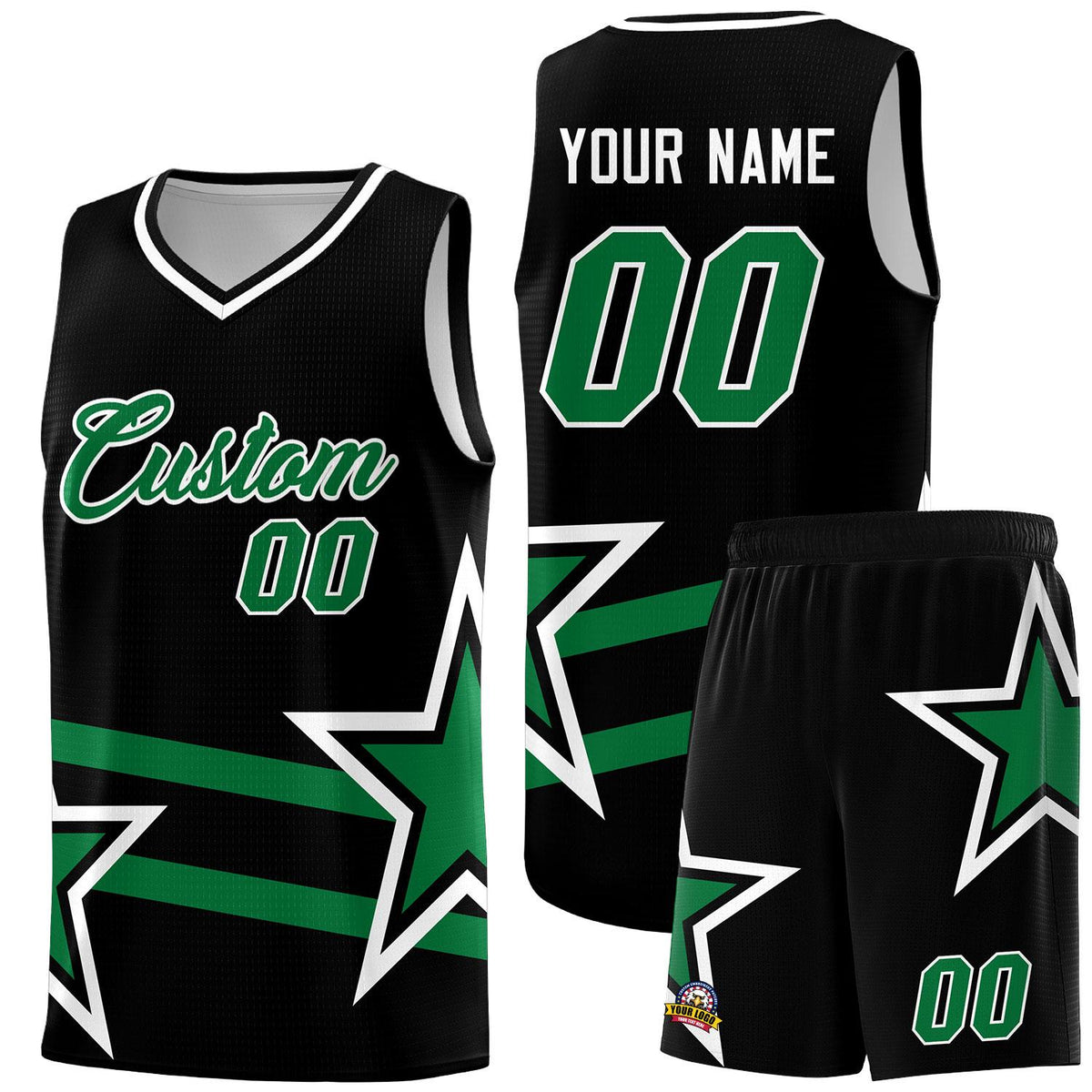 Custom Black Basketball Kits With Kelly Green Star Pattern And Double Lines