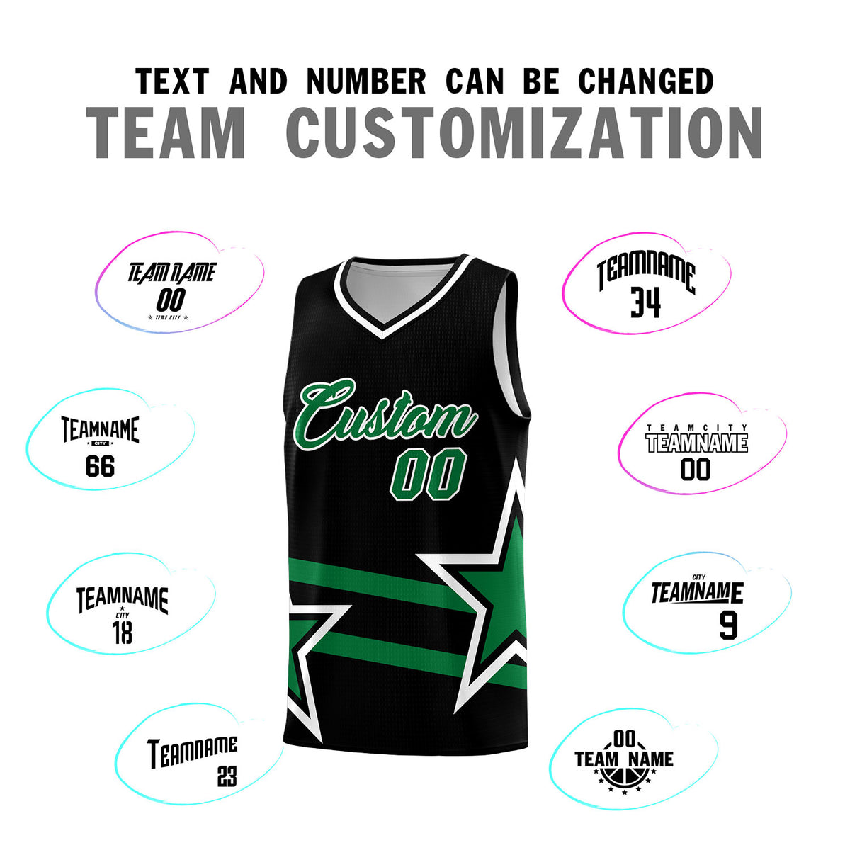 Custom Black Basketball Kits With Kelly Green Star Pattern And Double Lines