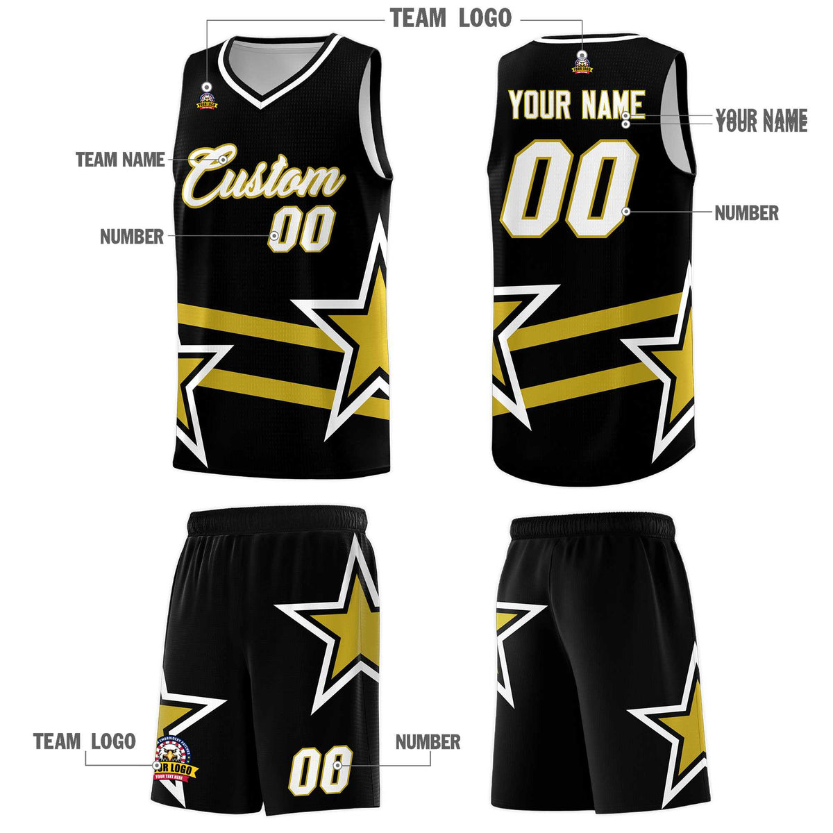 Custom Black Basketball Kits With Old Gold Star Pattern And Double Lines