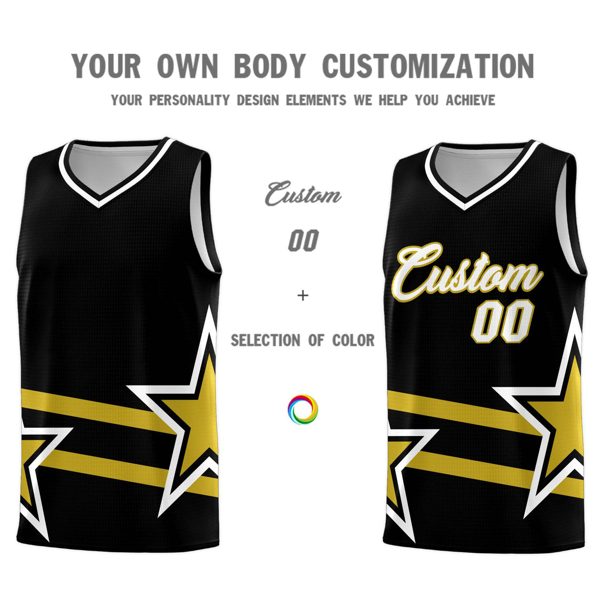 Custom Black Basketball Kits With Old Gold Star Pattern And Double Lines