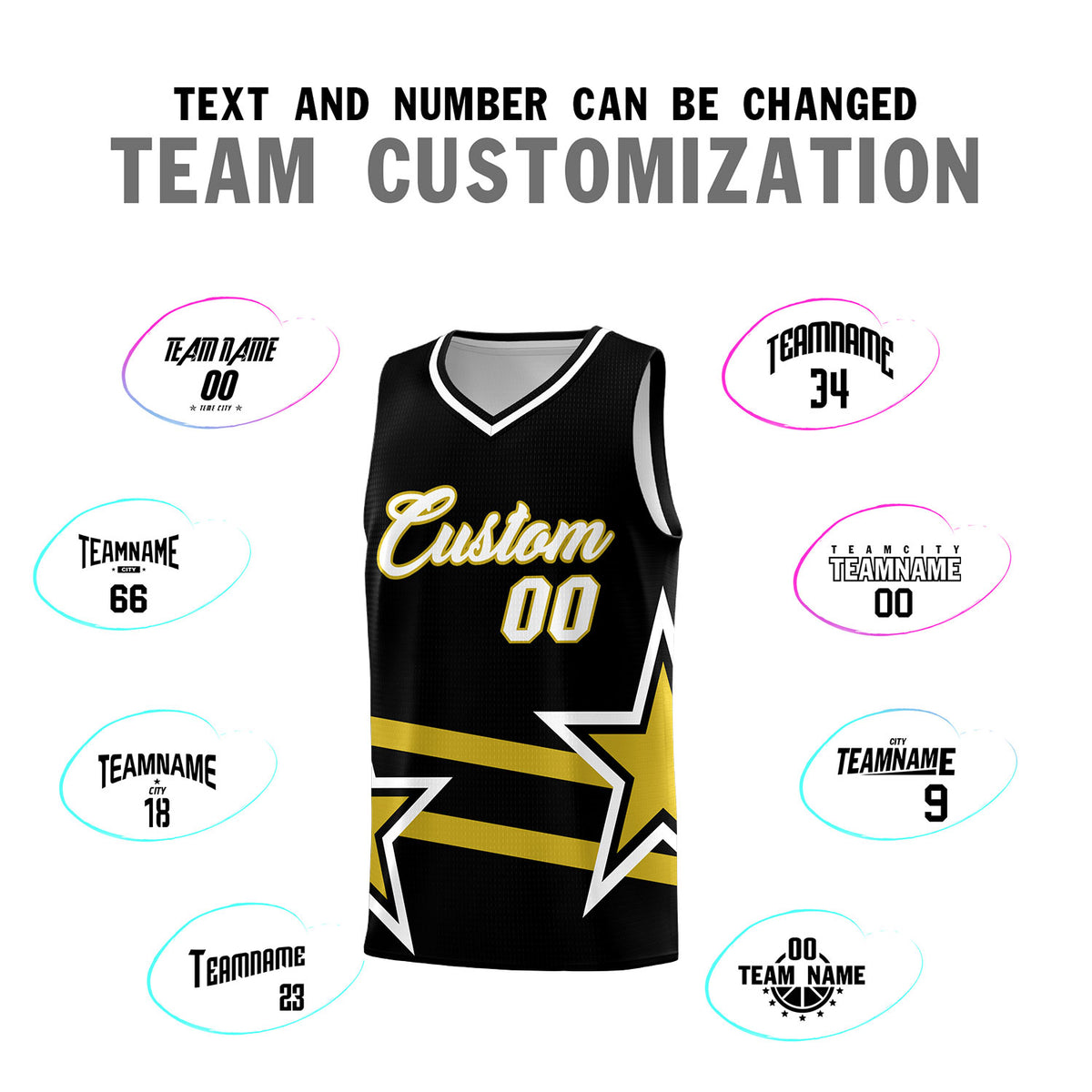 Custom Black Basketball Kits With Old Gold Star Pattern And Double Lines