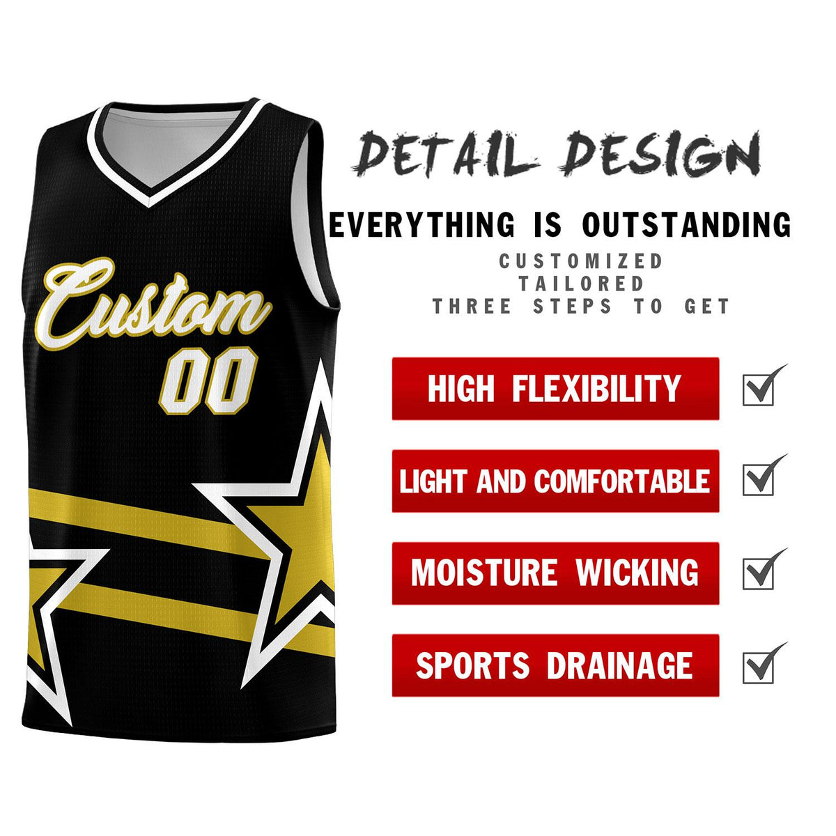 Custom Black Basketball Kits With Old Gold Star Pattern And Double Lines