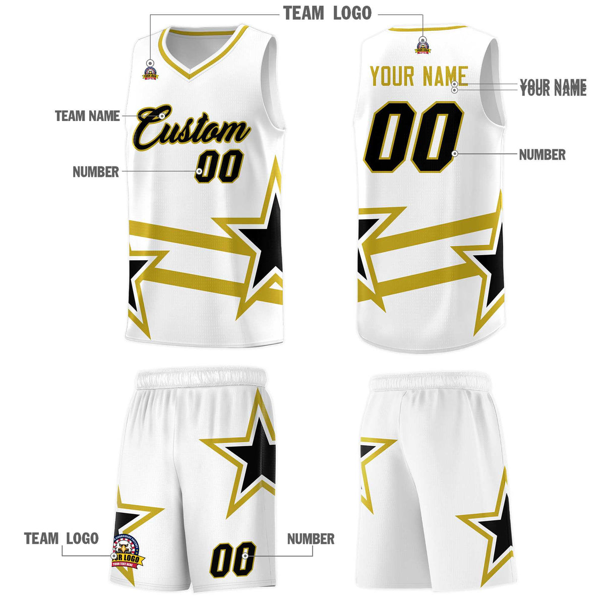 Custom White Basketball Kits With Old Gold Star Pattern And Double Lines
