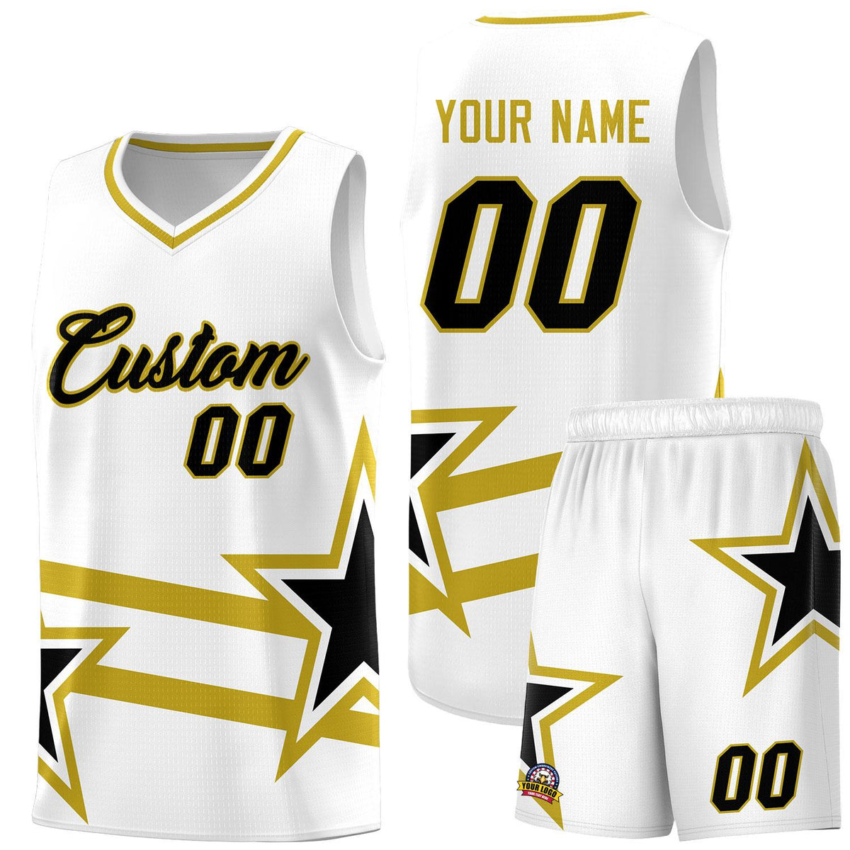Custom White Basketball Kits With Old Gold Star Pattern And Double Lines