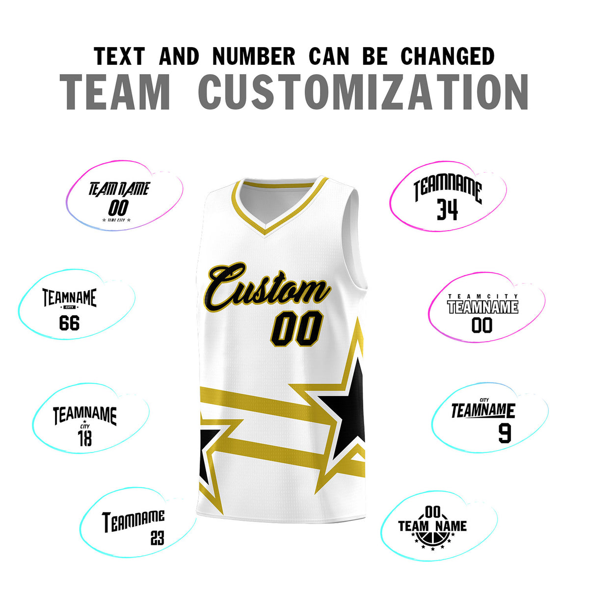 Custom White Basketball Kits With Old Gold Star Pattern And Double Lines